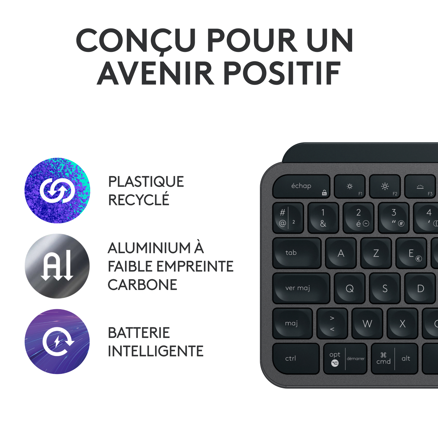 Clavier avec texte: Conçu pour un avenir positif. Plastique recyclé, aluminium à faible empreinte carbone.