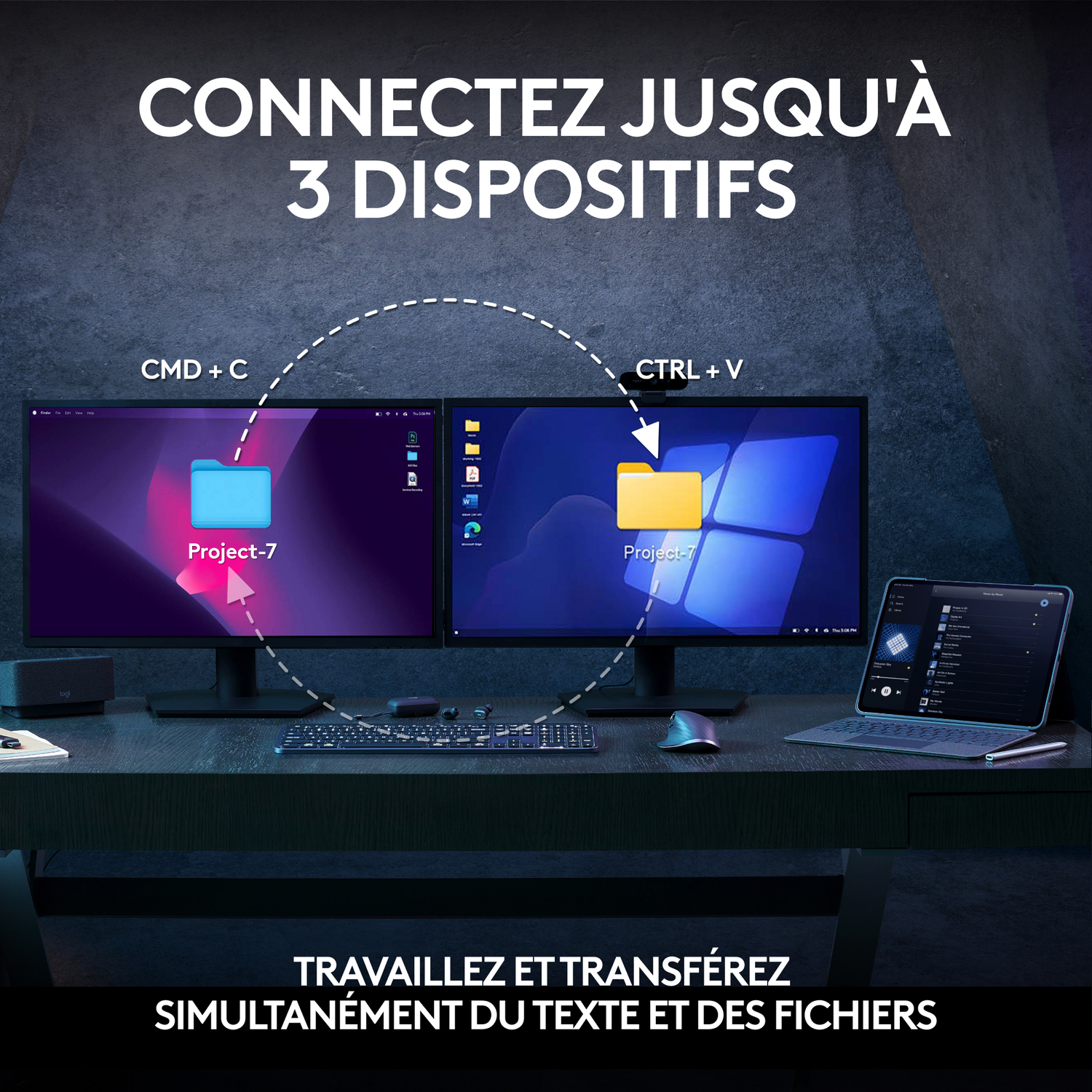 Deux moniteurs et une tablette sur un bureau ; texte et flèches indiquant le transfert.