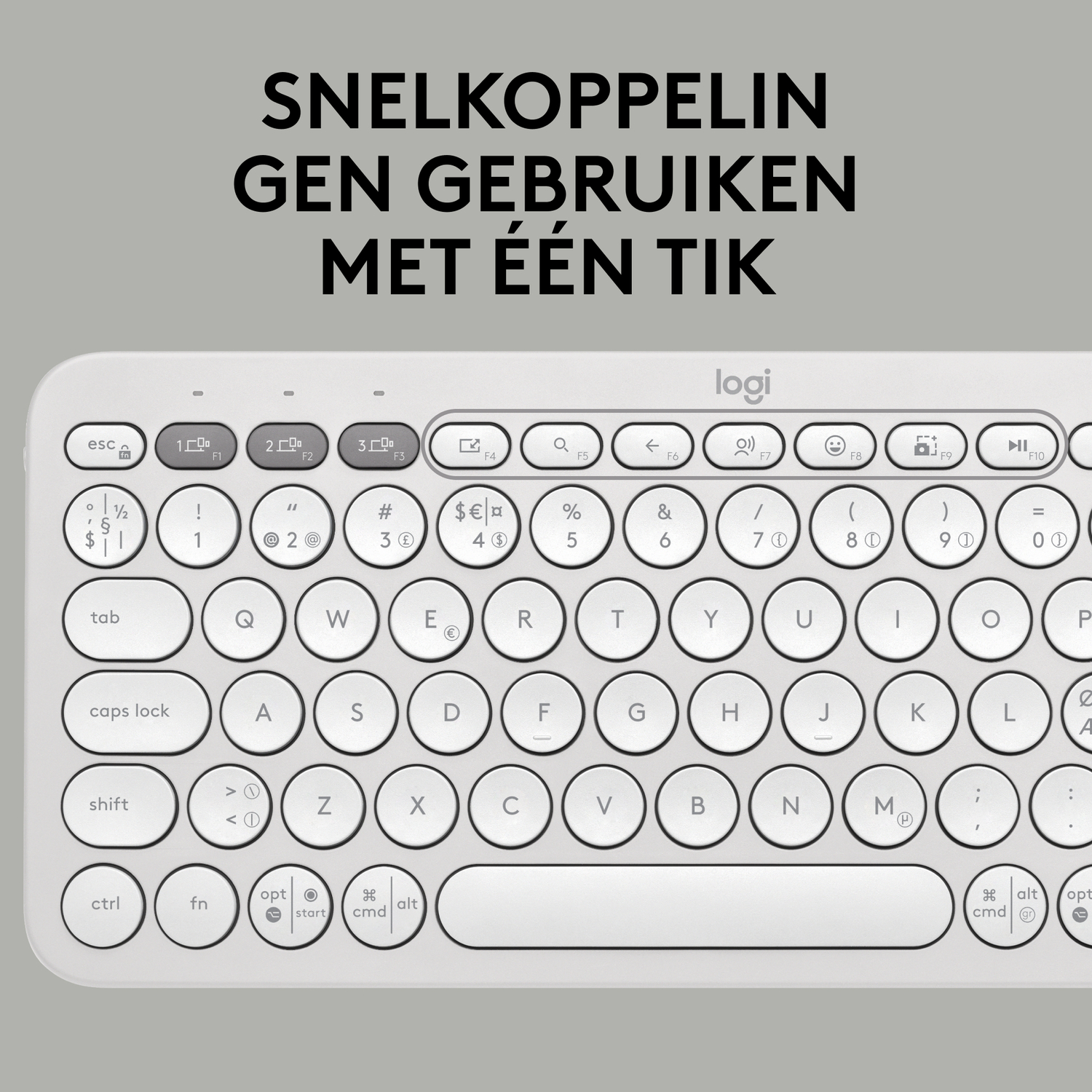 A white keyboard with rounded keys and a minimalist design, with text in Dutch.