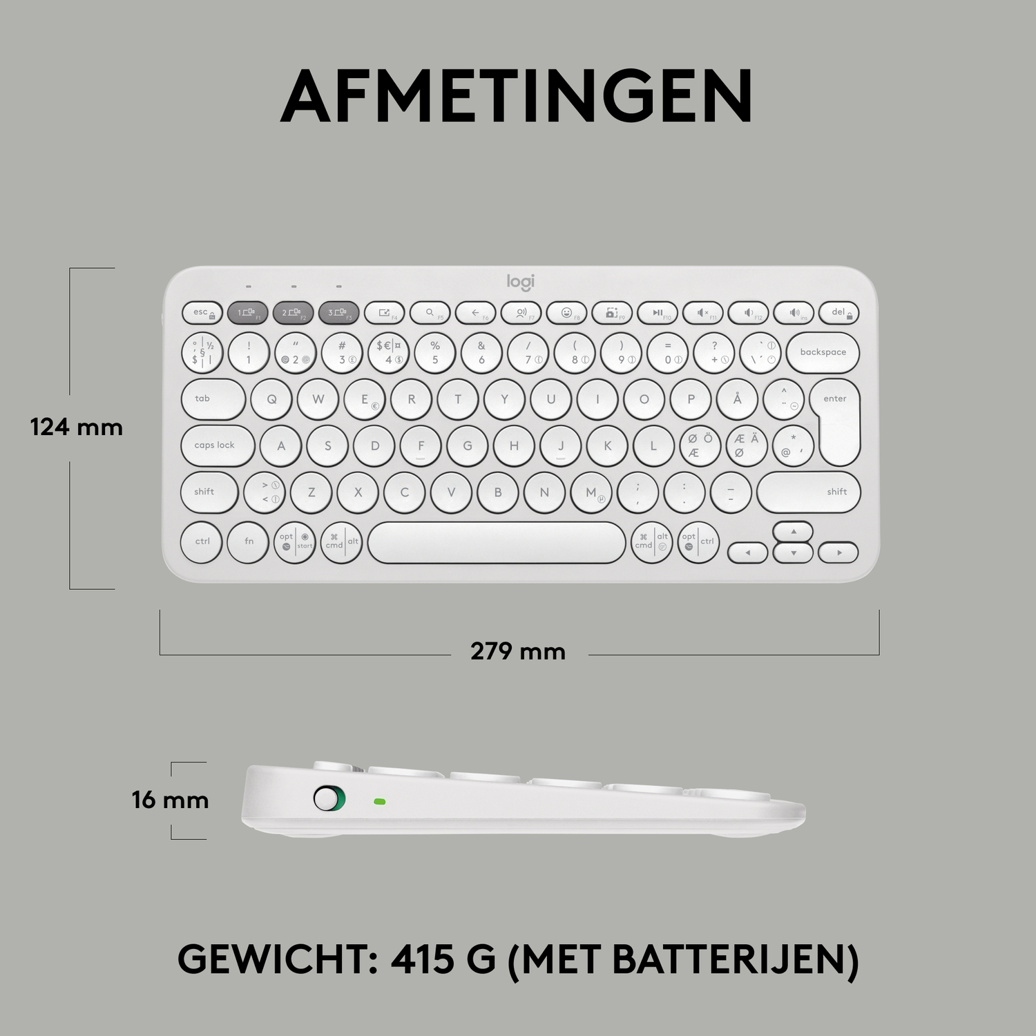 White keyboard, top view, with dimensions and weight information.