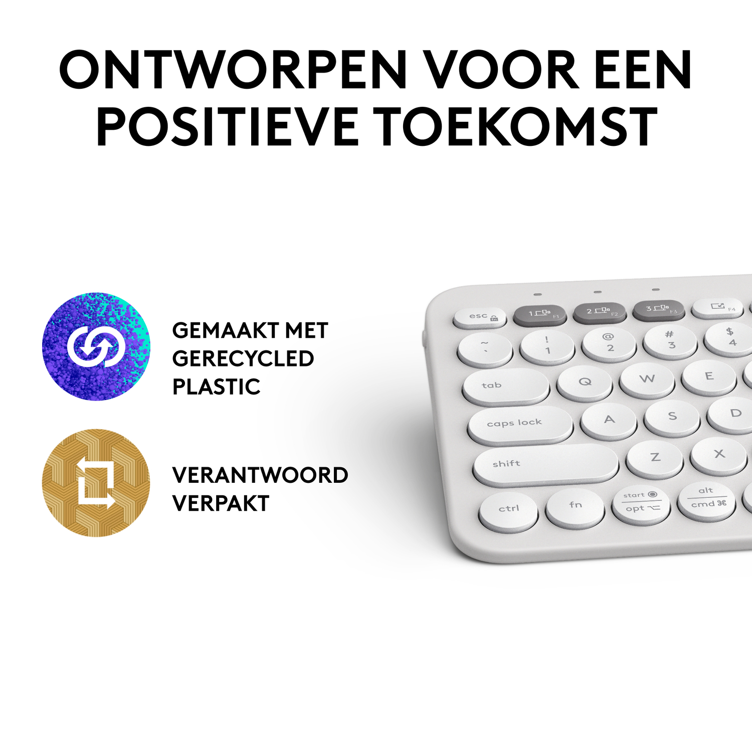 Keyboard with white keys and a light gray frame. Text and circular icons on the left.