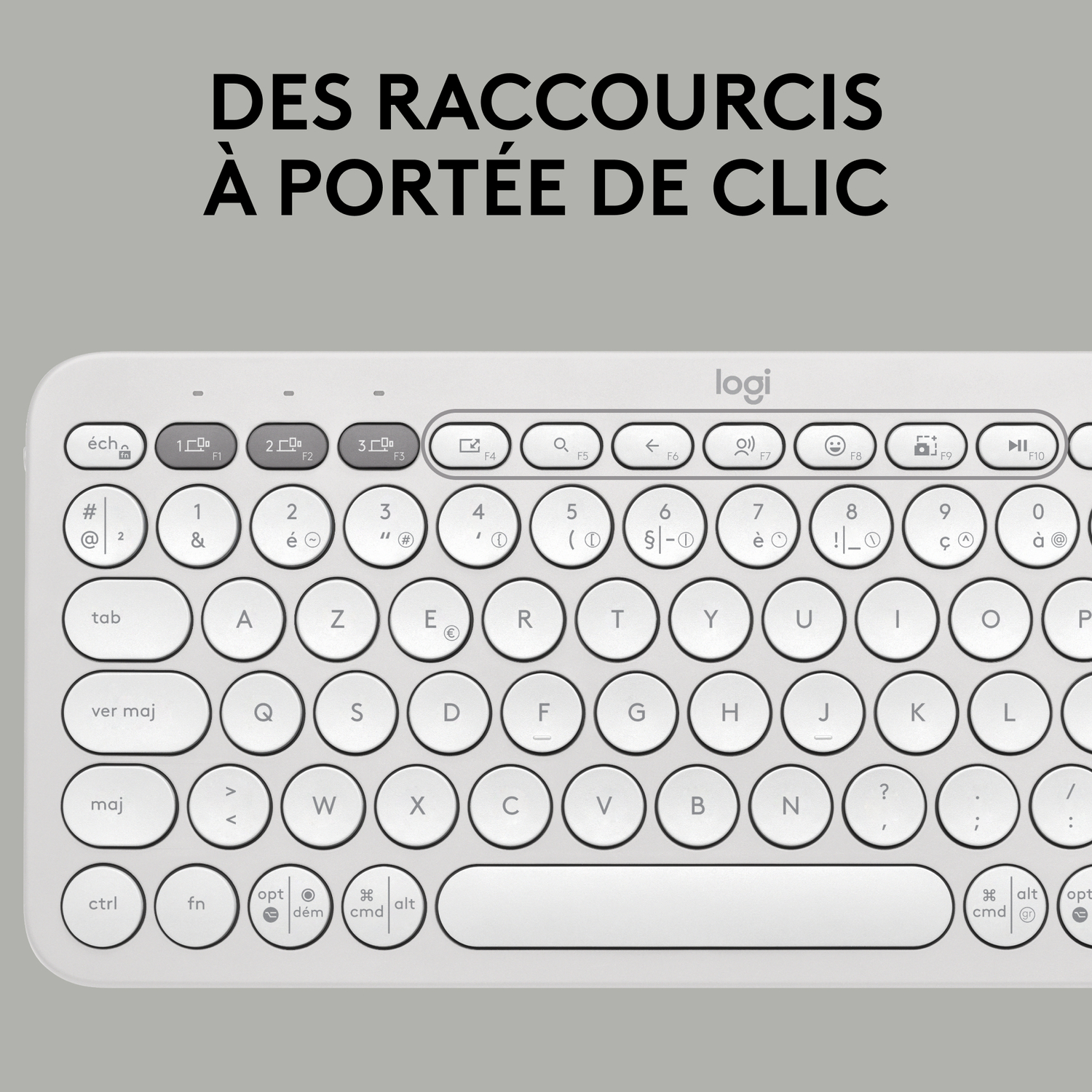 Un clavier blanc avec un logo Logi et des touches de fonction.