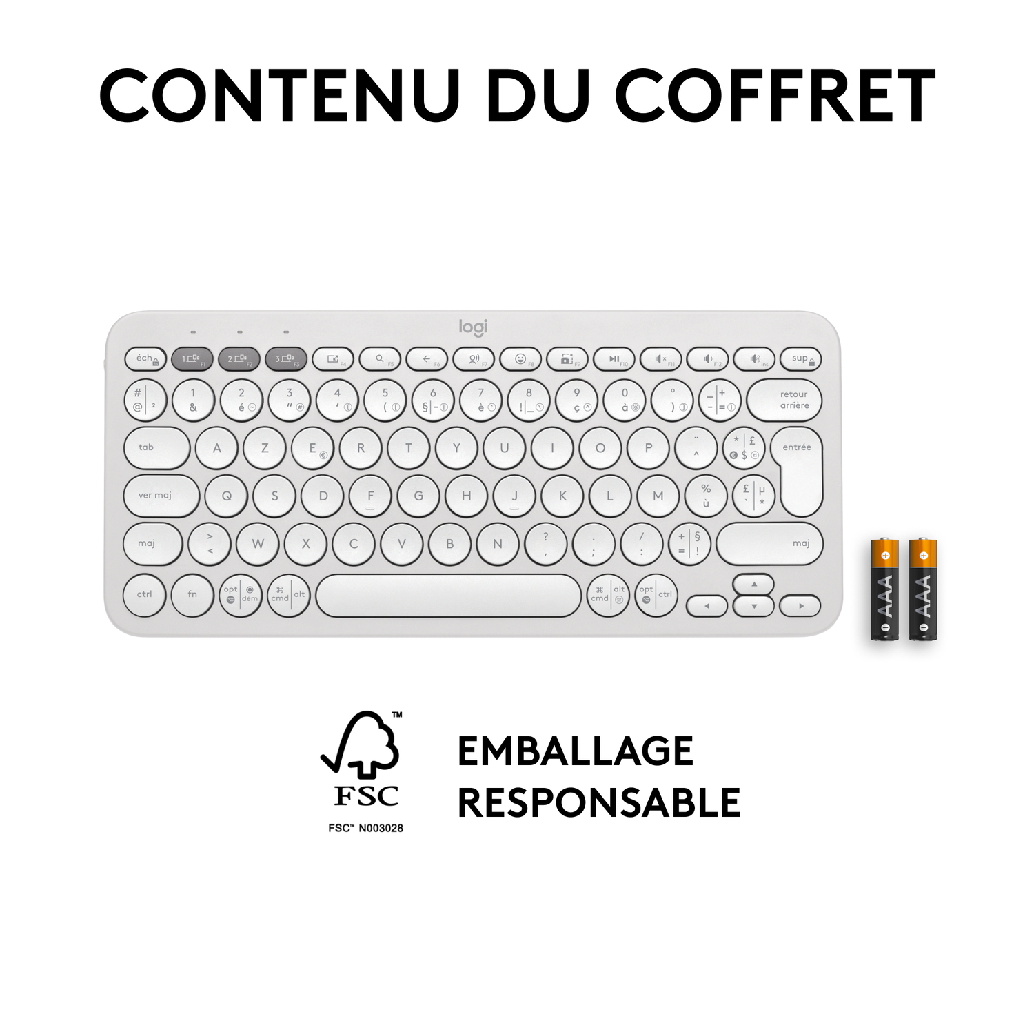 Un clavier blanc et deux piles, avec le texte : Contenu du coffret.
