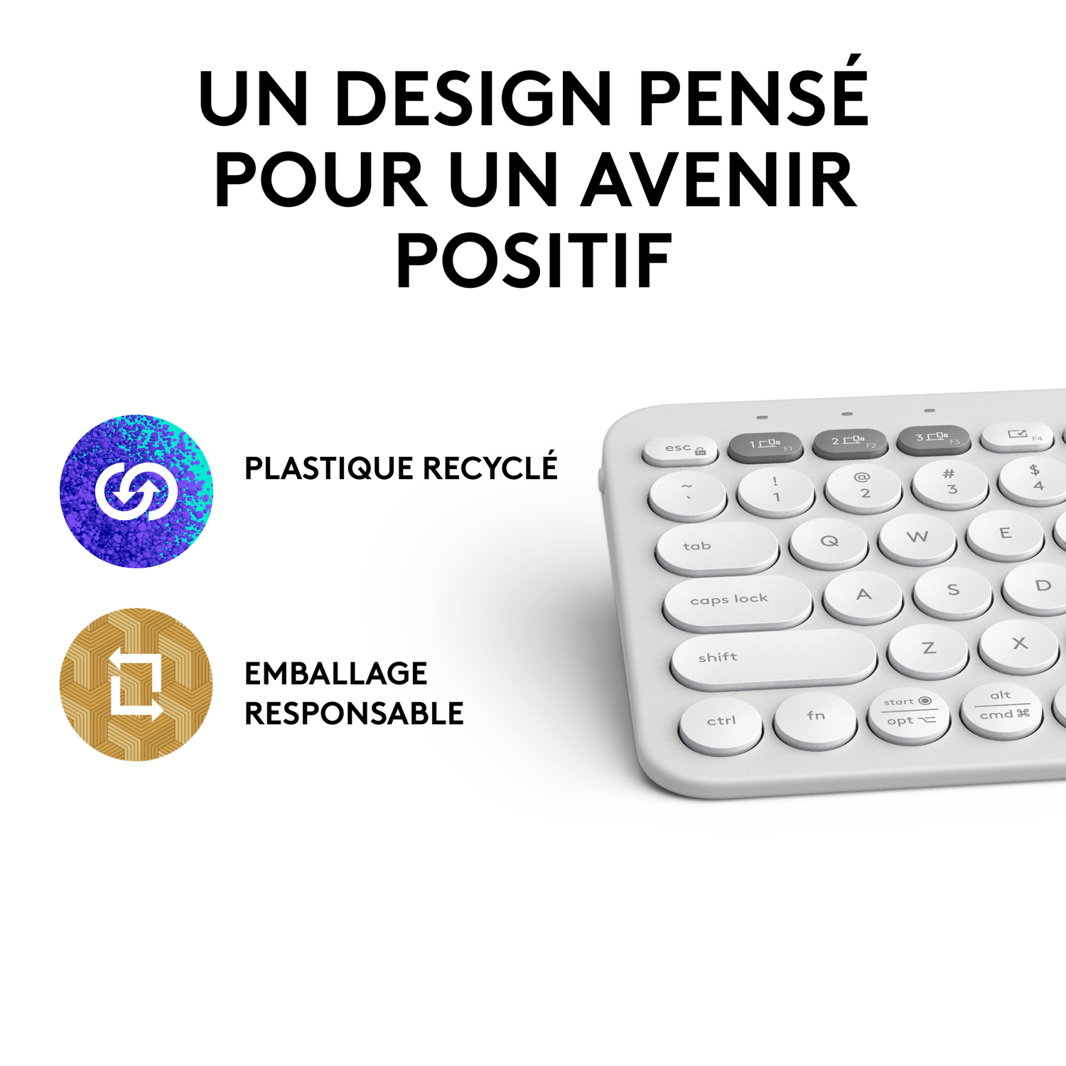 Clavier, étiquette plastique recyclé, logo emballage responsable. Texte : Conçu pour un avenir positif.