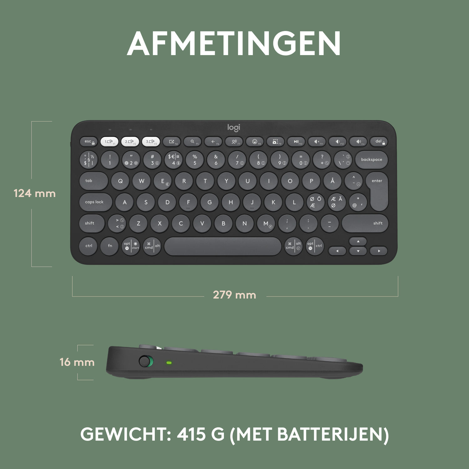 A black keyboard with dimensions and text in Dutch.