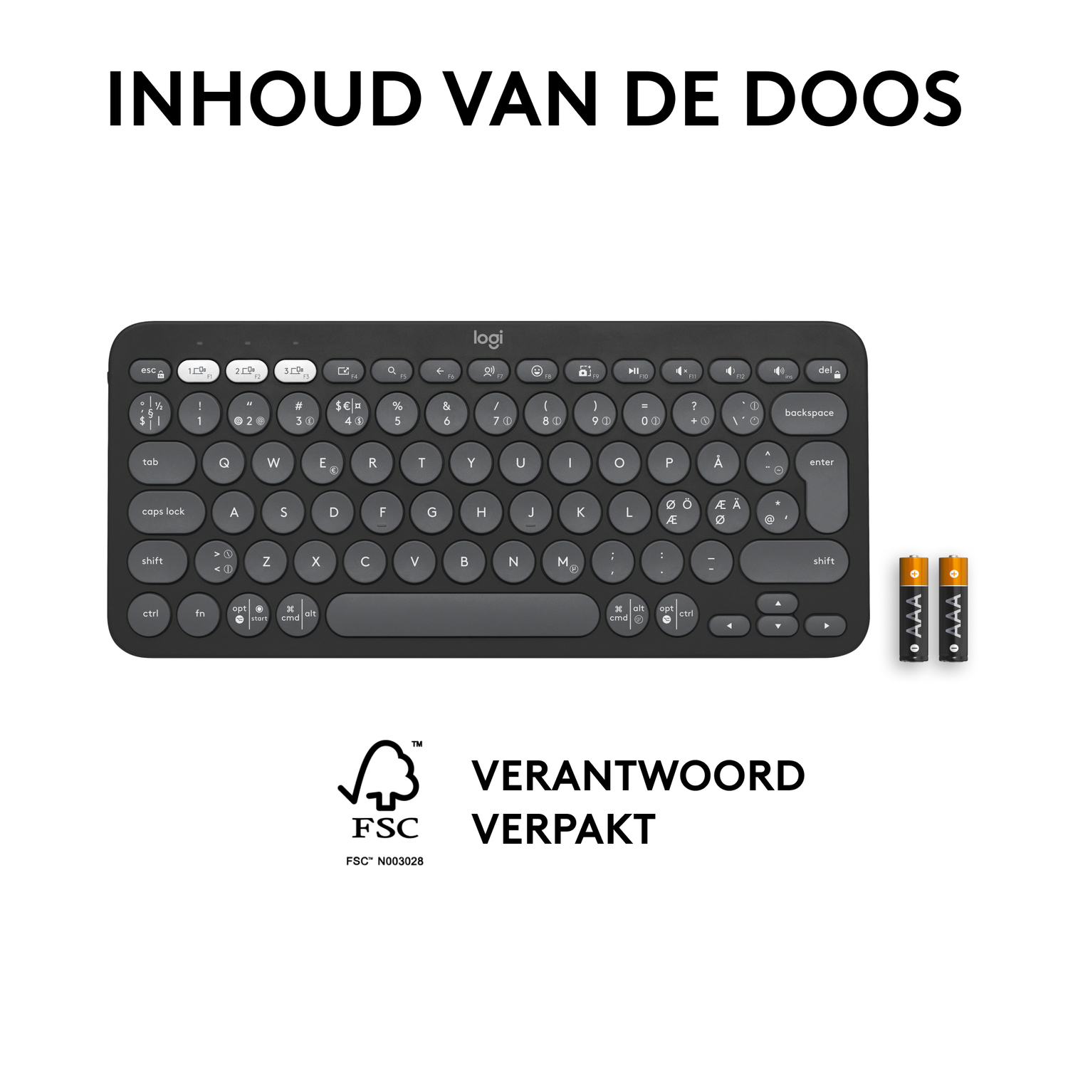 Keyboard, batteries. Text: Contents of the box. Responsibly packaged.