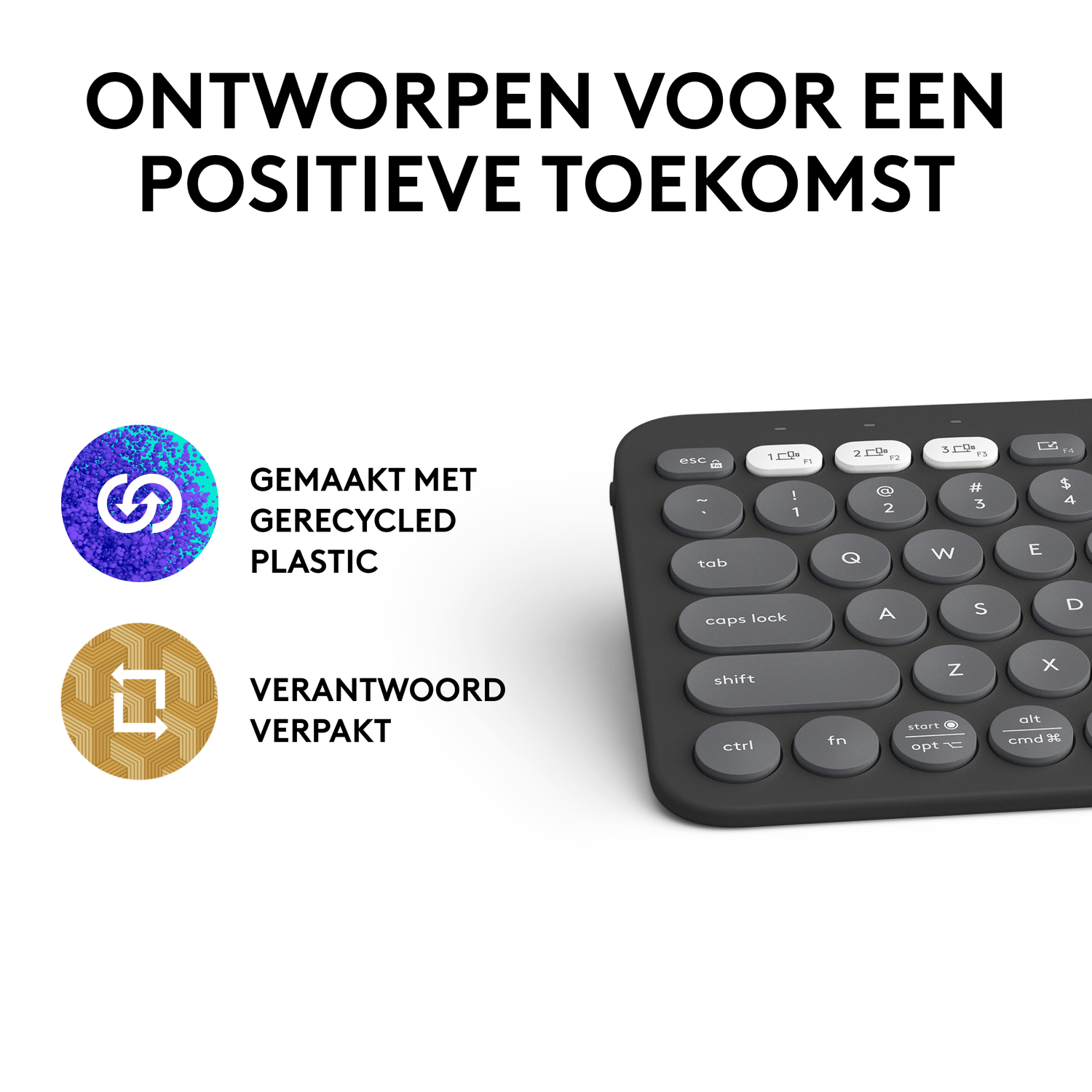 Keyboard with text: 'ONTWORPEN VOOR EEN POSITIEVE TOEKOMST'. Made with recycled plastic.