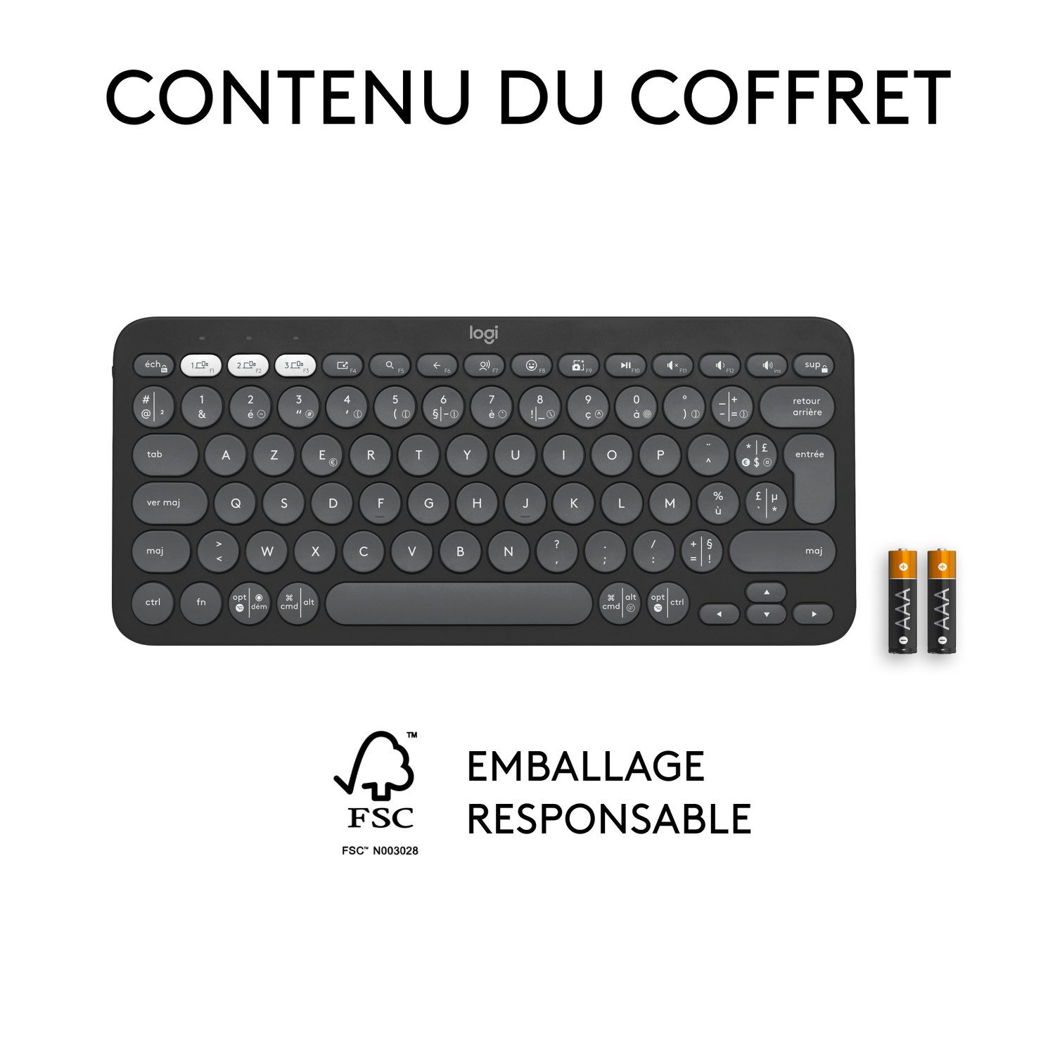 Un clavier noir avec des touches blanches et deux piles. Le texte en bas dit emballage responsable.