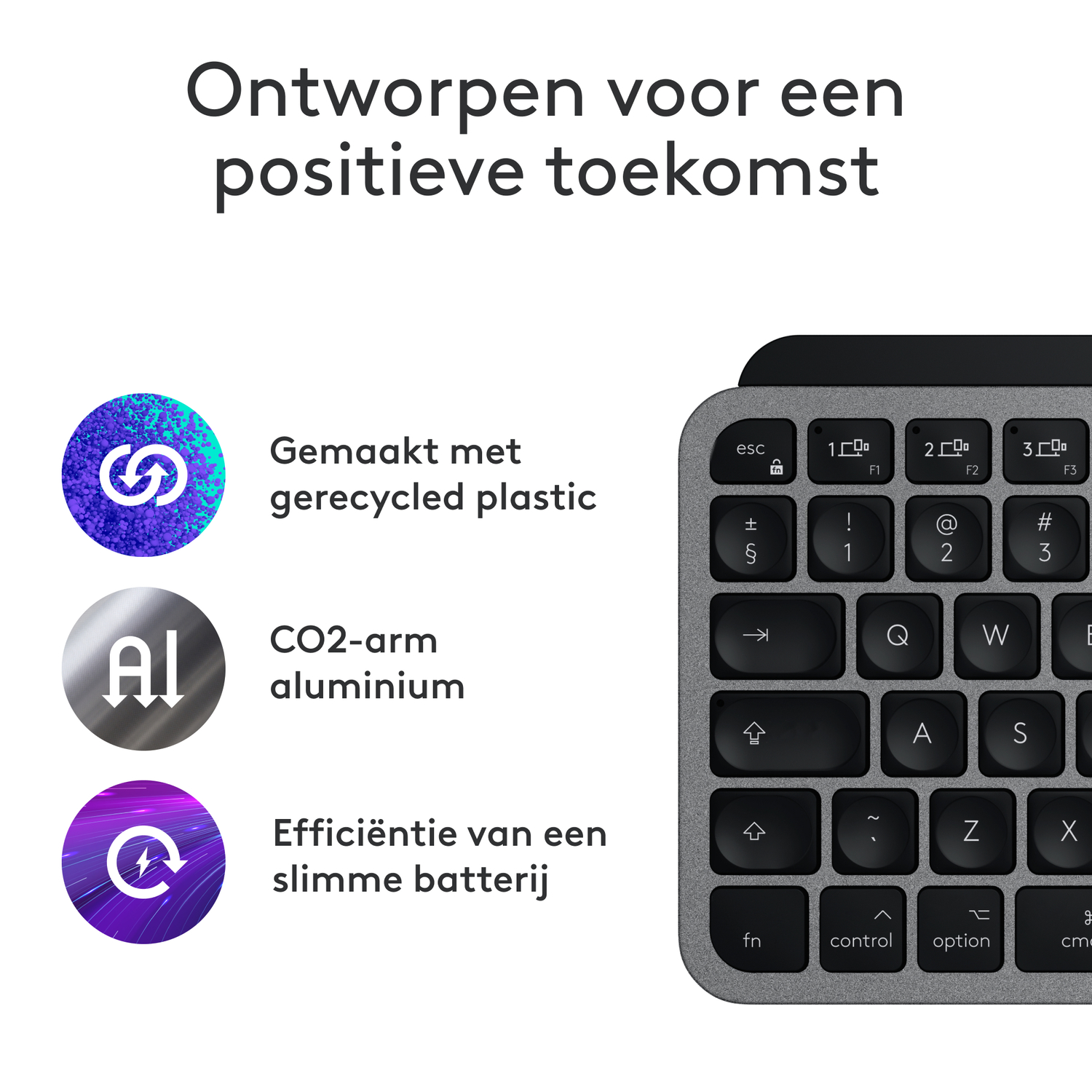 Toetsenbord met iconen die gerecycled plastic, aluminium en batterij tonen.