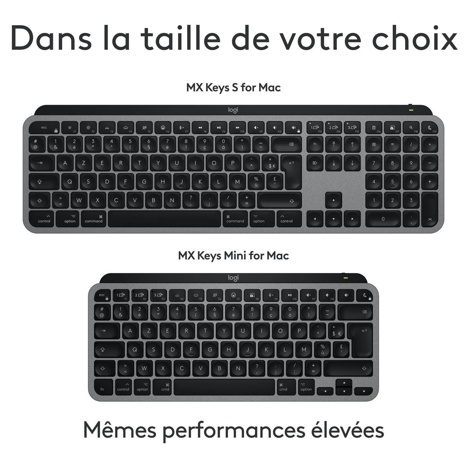 Deux claviers pour Mac, vue de dessus. Un grand, un compact, les deux gris.
