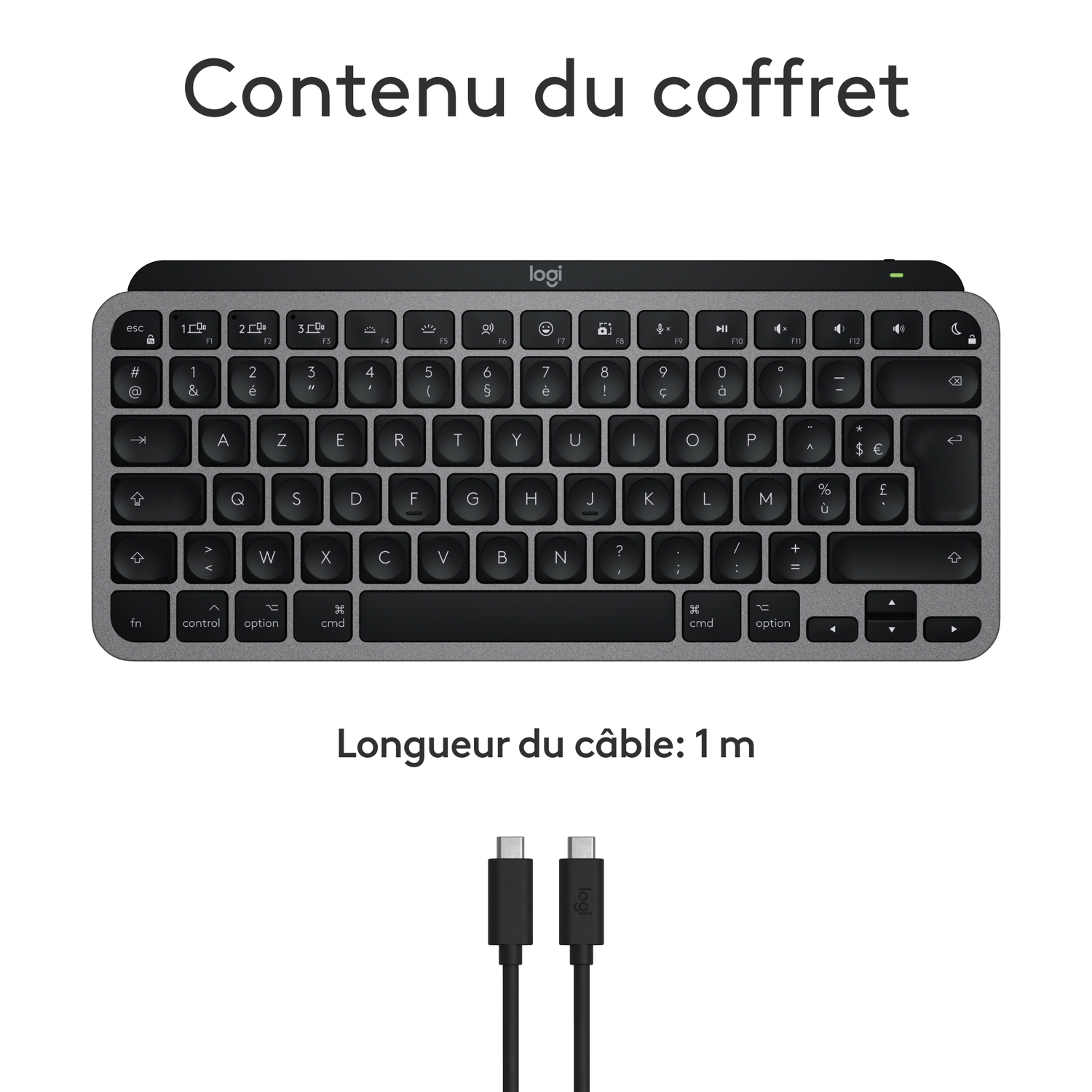Un clavier et un câble de chargement. Le clavier est gris foncé. Le câble a deux connecteurs USB-C. Fond blanc.