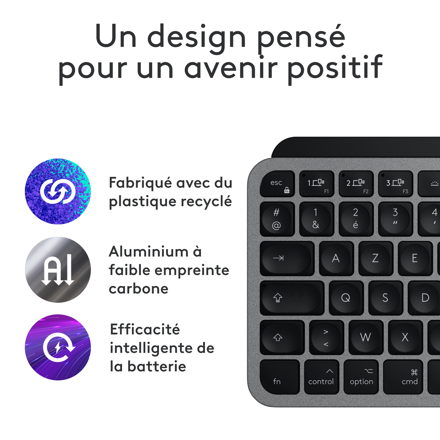 Clavier avec icônes de recyclage, aluminium et batterie, et texte en dessous.