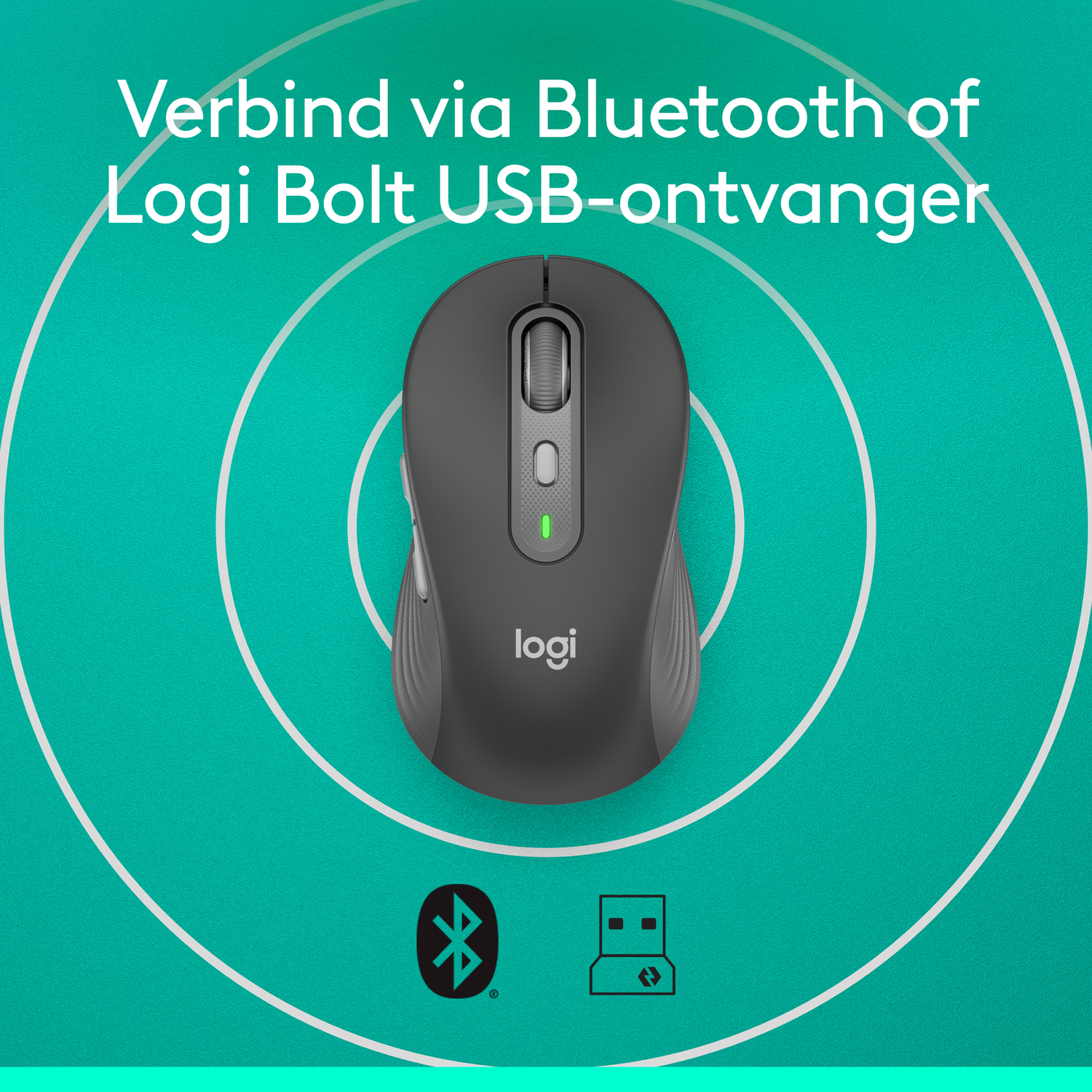 Black wireless mouse on a teal background with icons.