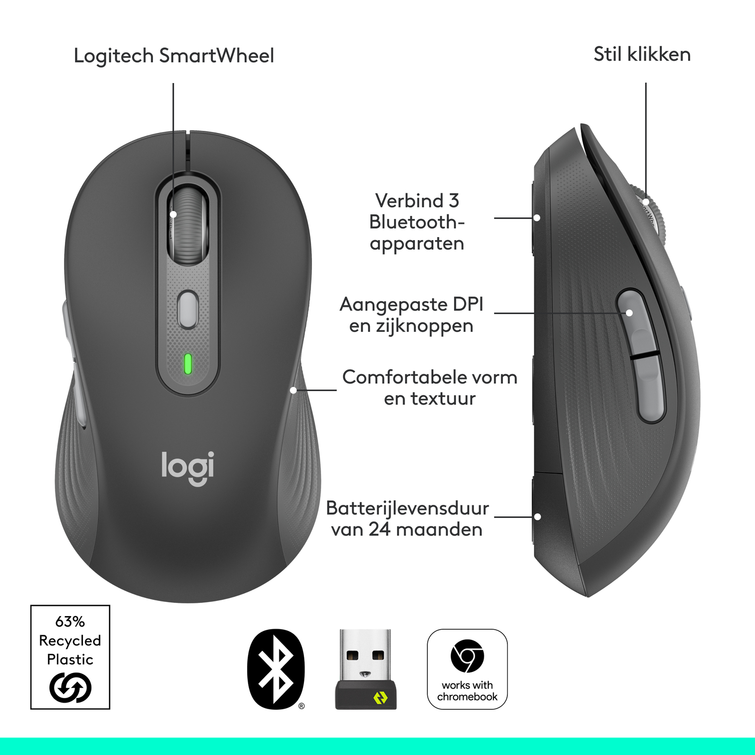 Grey mouse with labels. It shows a scroll wheel, buttons, and 63% recycled plastic symbol.