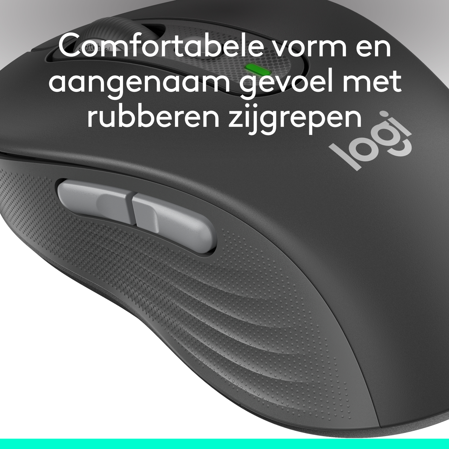 Mouse. Text: Comfortable shape and pleasant feel with rubber side grips.