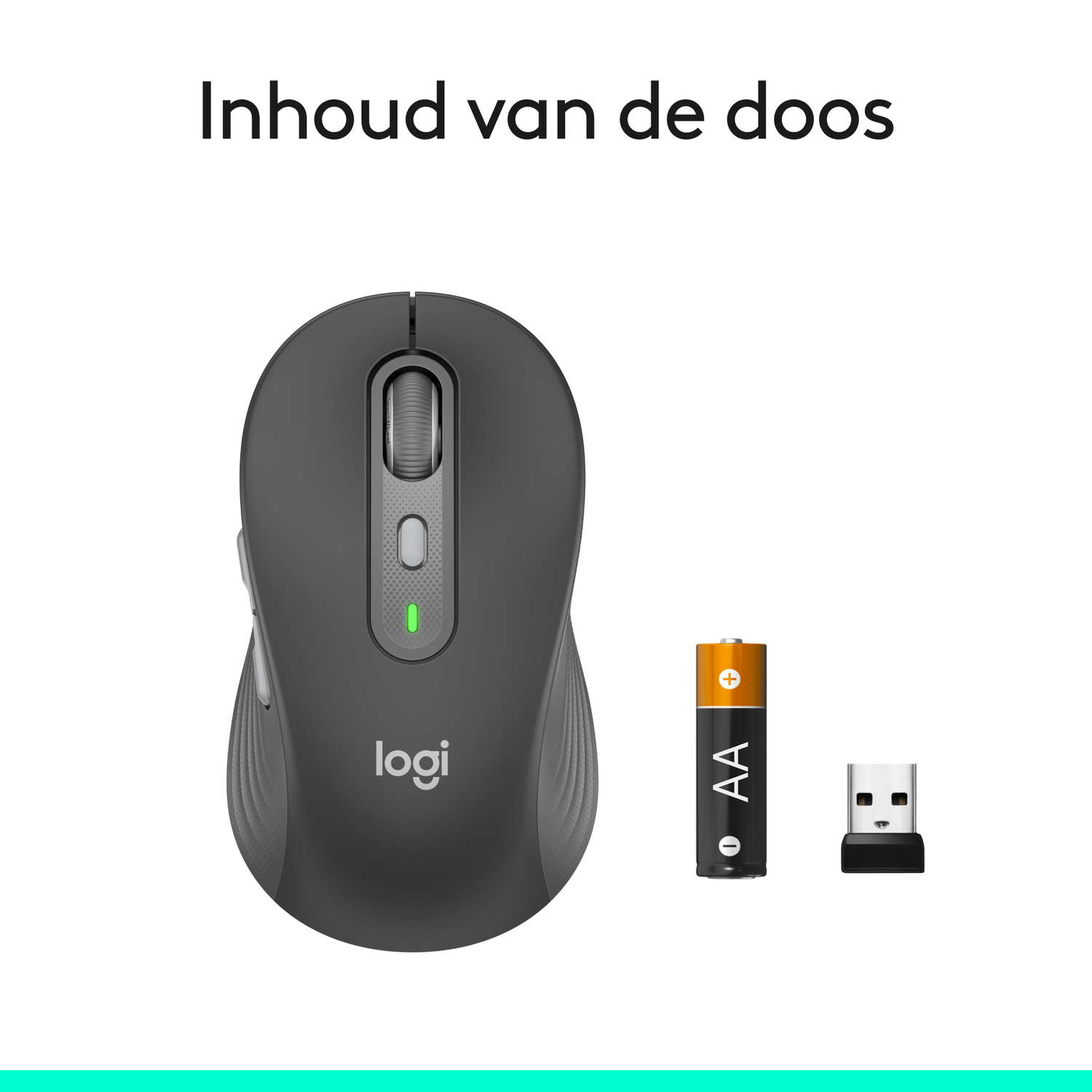 A black mouse, battery, and USB receiver. The mouse has a green light.