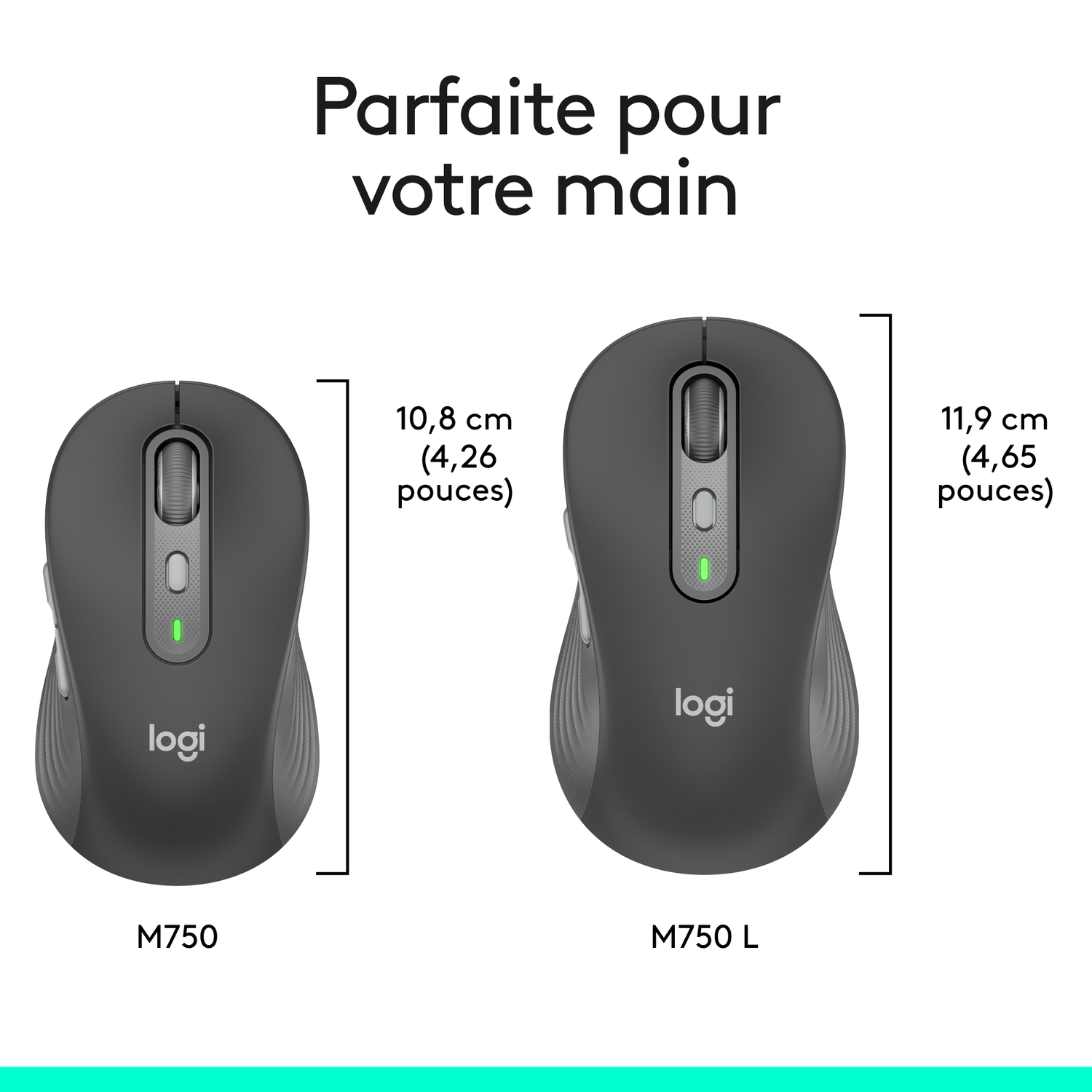Souris. Texte : Parfait pour votre main. Dimensions des modèles M750 et M750 L.