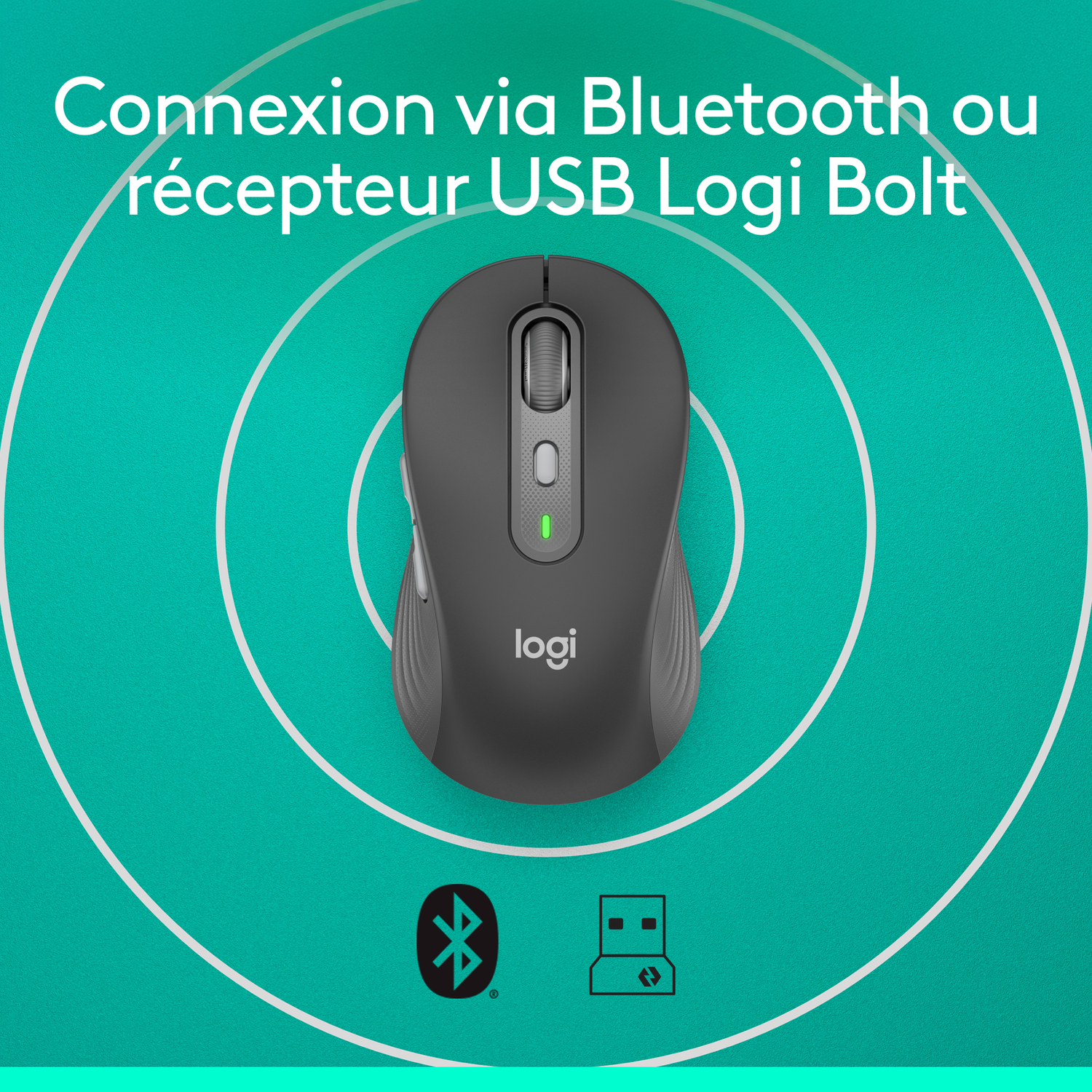Une souris sans fil noire avec logo, avec symboles Bluetooth et USB.