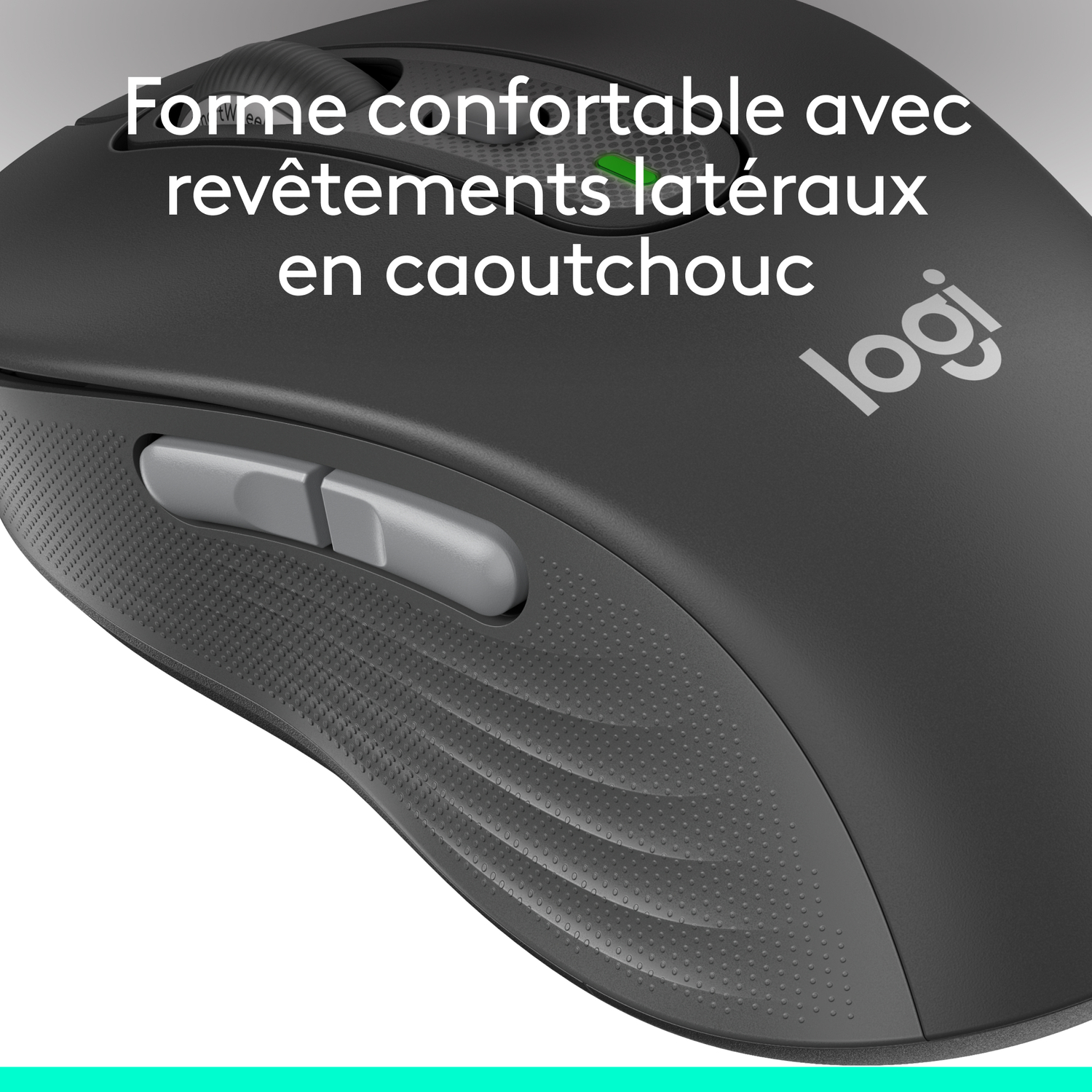 Souris gris foncé avec deux boutons gris. Le logo Logitech est visible. La souris est texturée.
