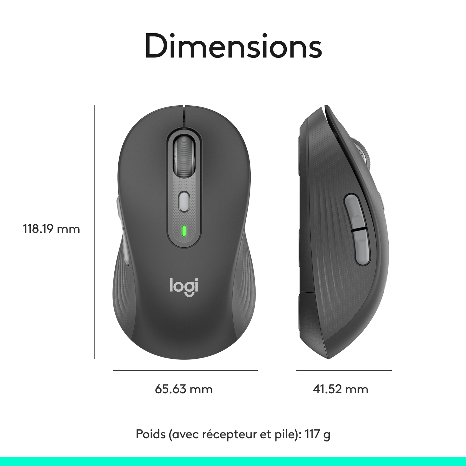 Souris noire avec dimensions : 118,19 mm x 65,63 mm x 41,52 mm.