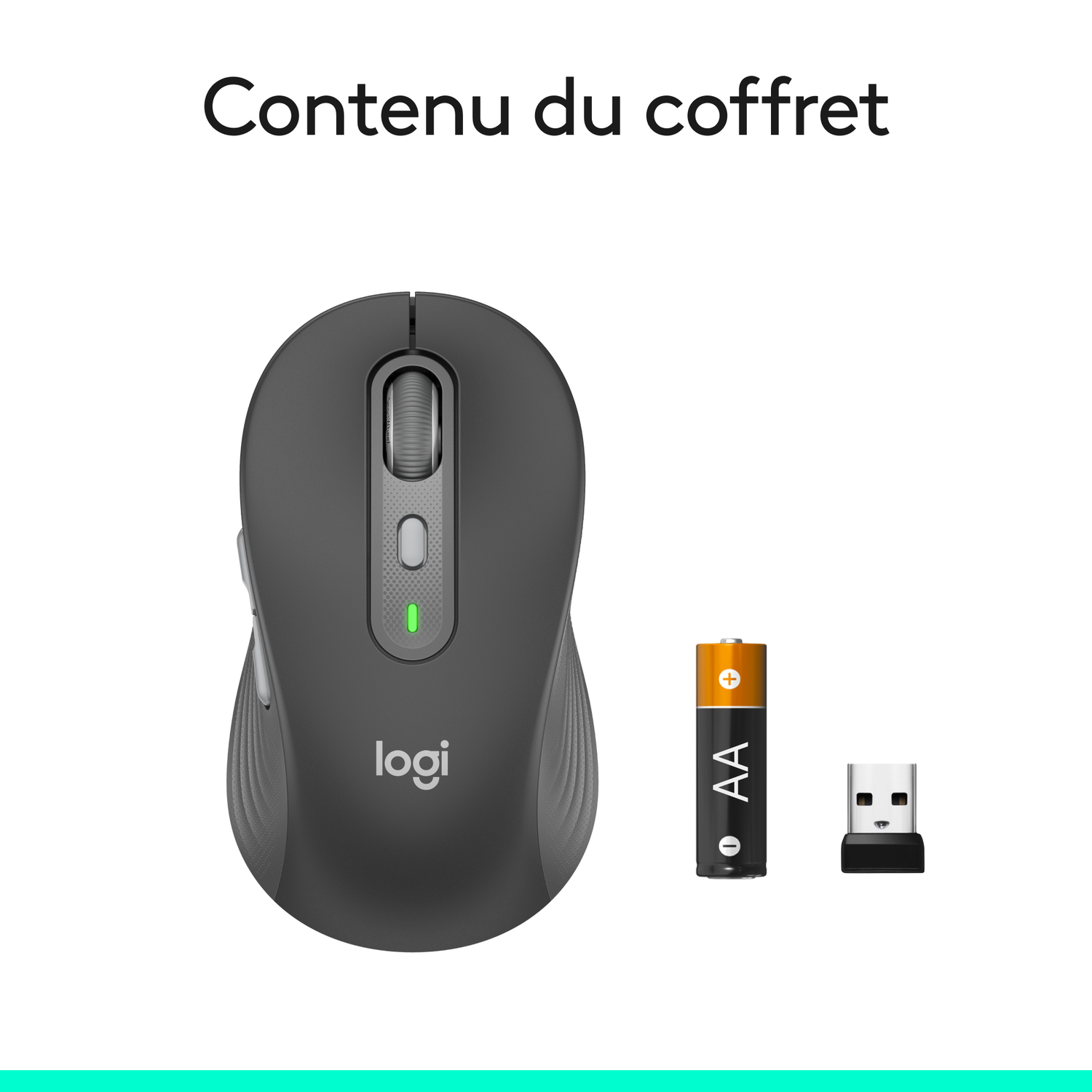 Une souris noire, une batterie et un récepteur USB avec le texte : Contenu du coffret.