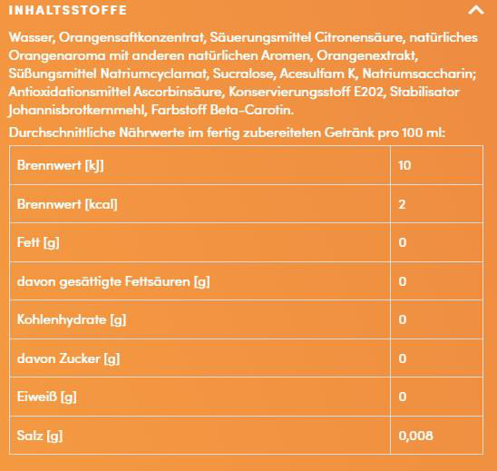 Nährwerttabelle mit Zutaten und Nährwerten pro 100 ml eines Getränks.