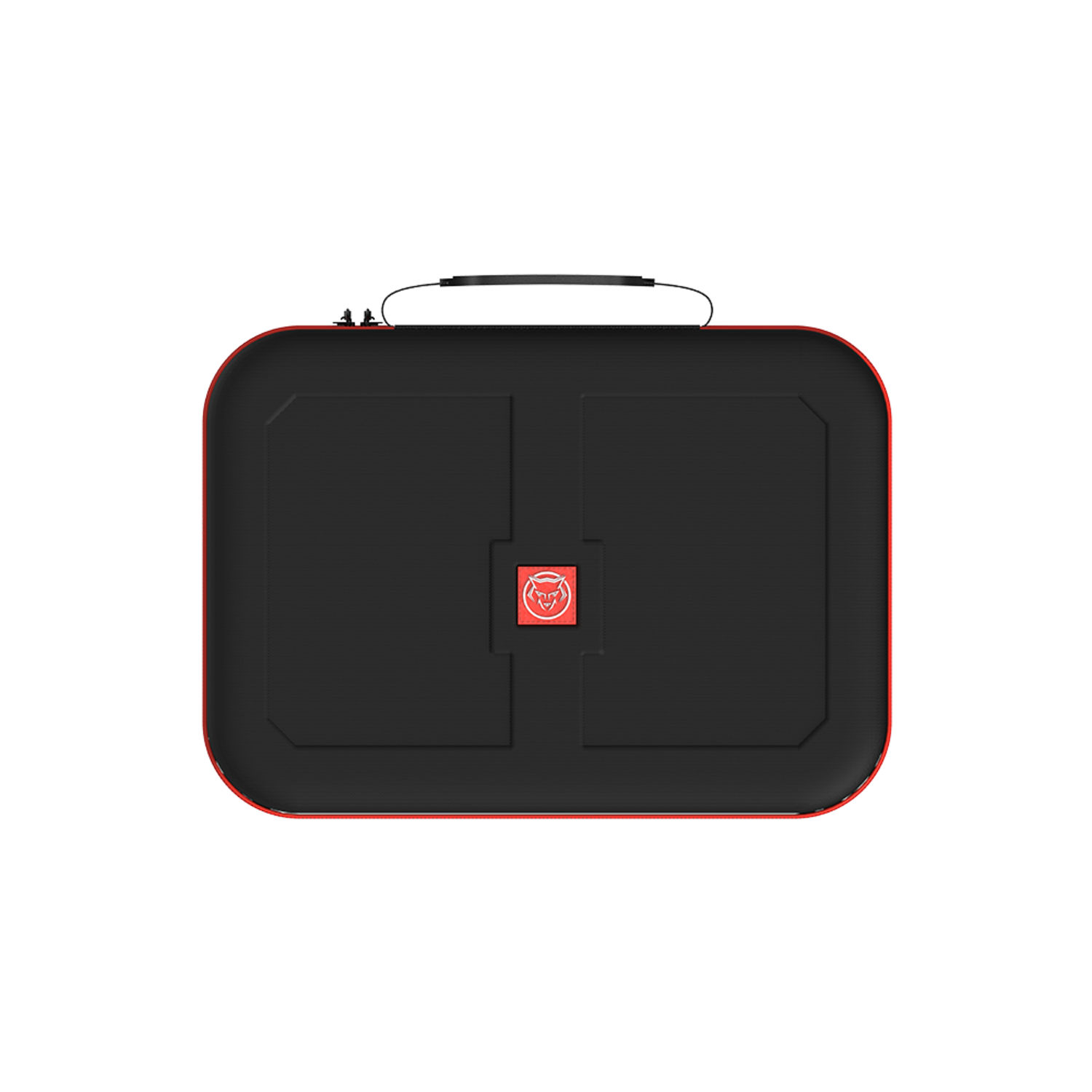 Valise noire rectangulaire avec bordure rouge, poignée et logo sur fond noir.