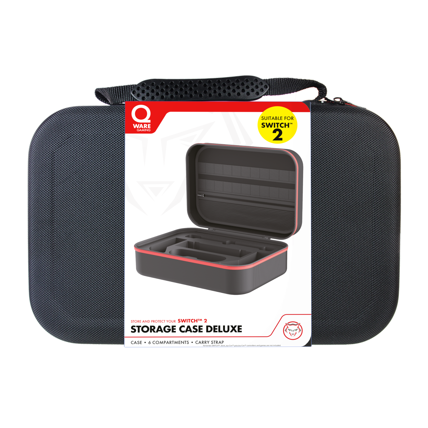 Étui de rangement noir pour Switch 2. Avec poignée, compartiments et bordure rouge.