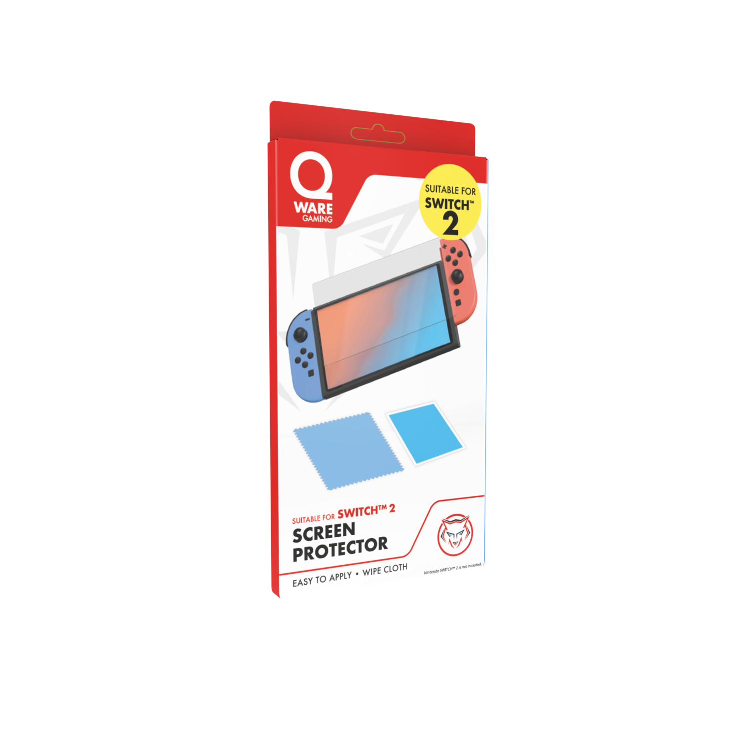Emballage de protection d'écran pour Switch 2, avec une image de console Switch 2 et un chiffon de nettoyage.