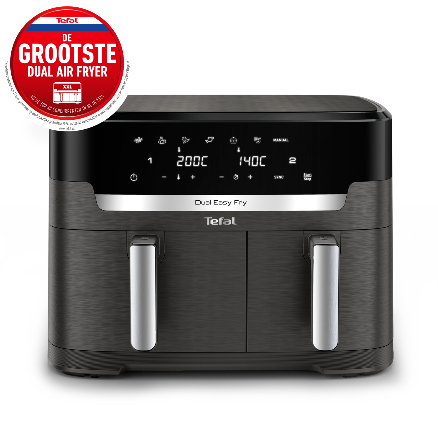 A dual air fryer with a black finish, touch controls, and silver handles.