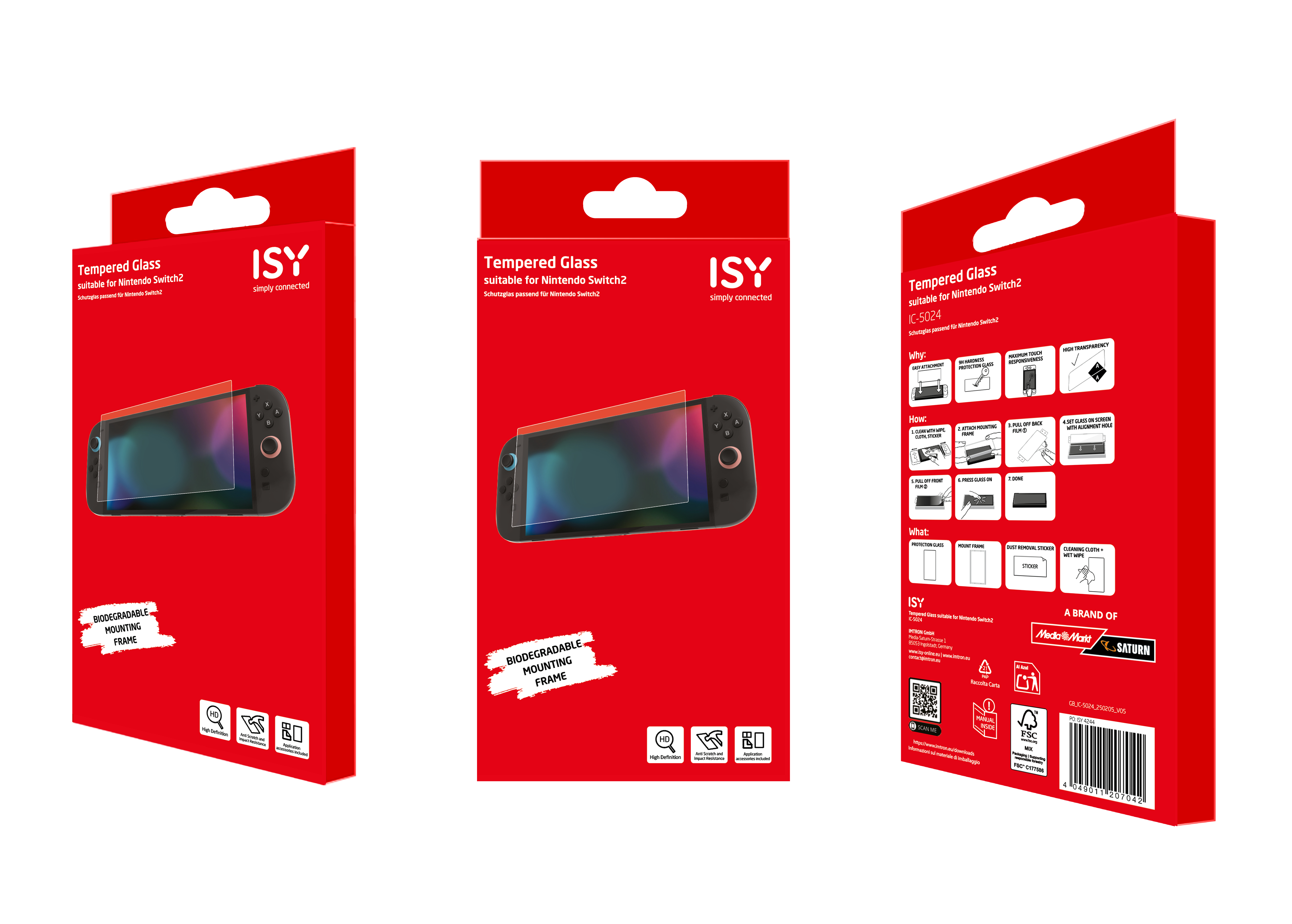 Rote und weiße Nintendo Switch-Displayschutzfolienbox mit drei verschiedenen Blickwinkeln der Box.