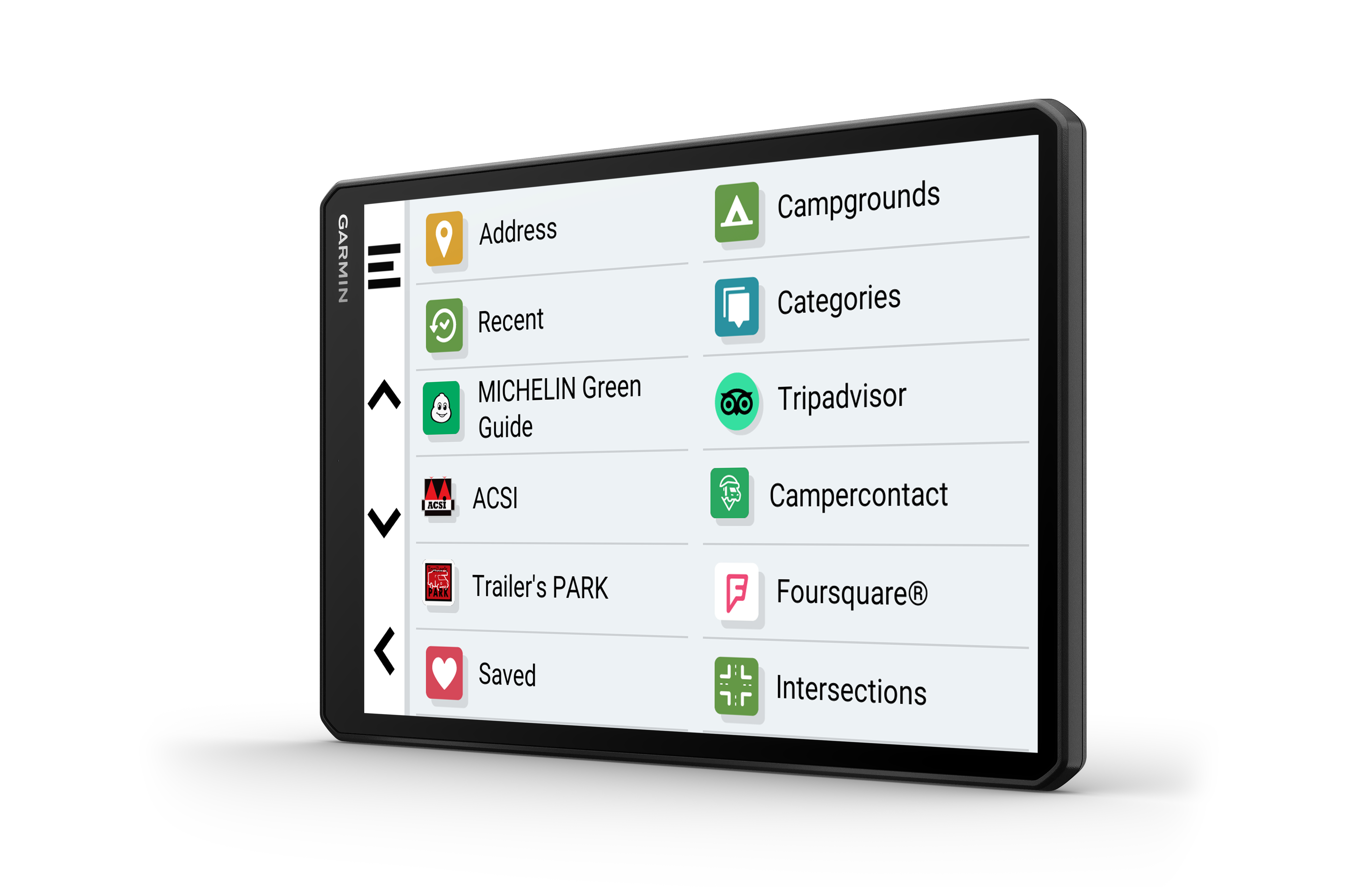 Ein Garmin GPS-Bildschirm, der ein Menü mit Adresse, Campingplätzen und anderen Optionen anzeigt.