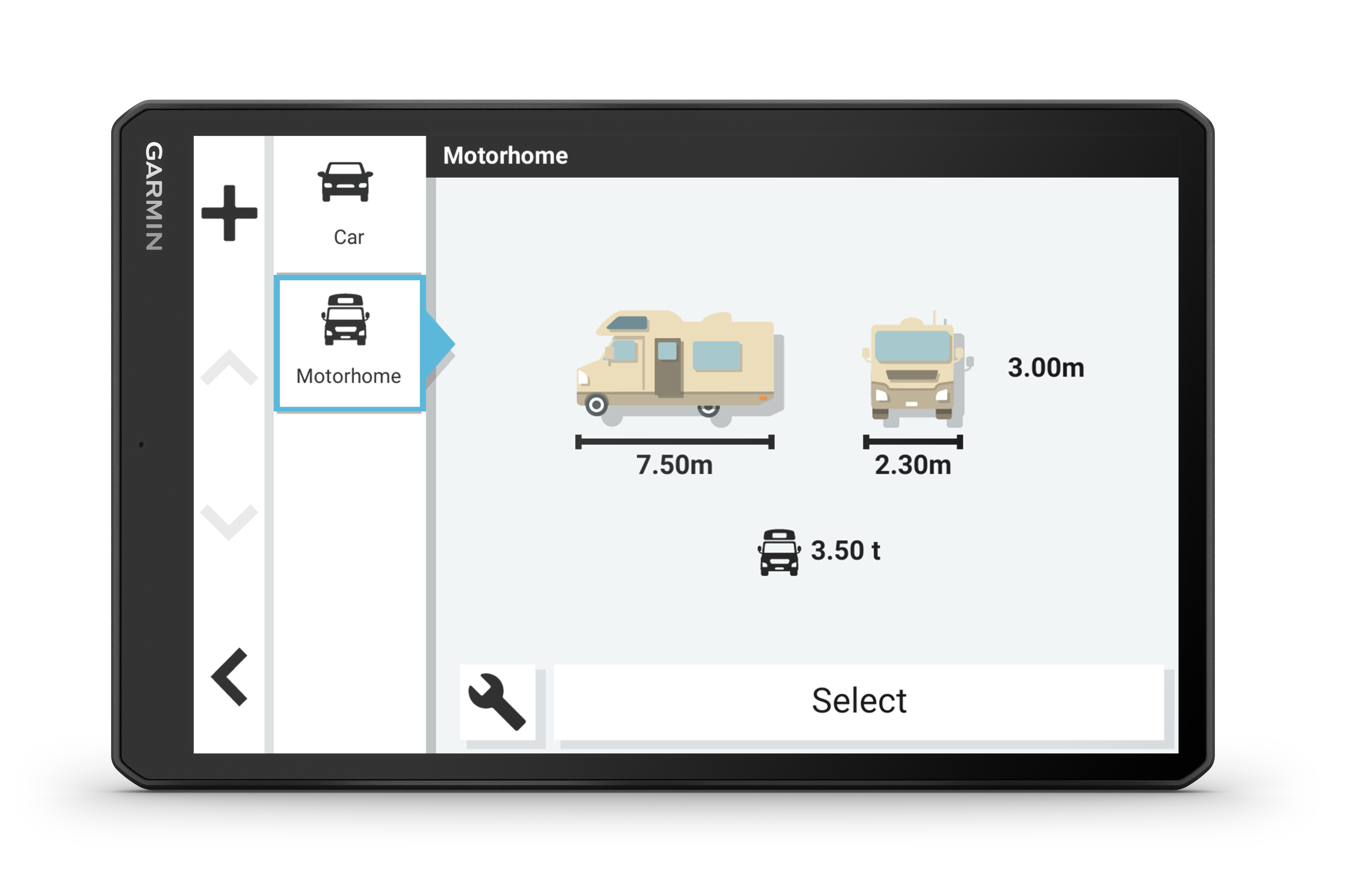 Garmin-Bildschirm mit Wohnmobil-Abmessungen und Auswahlmöglichkeiten.
