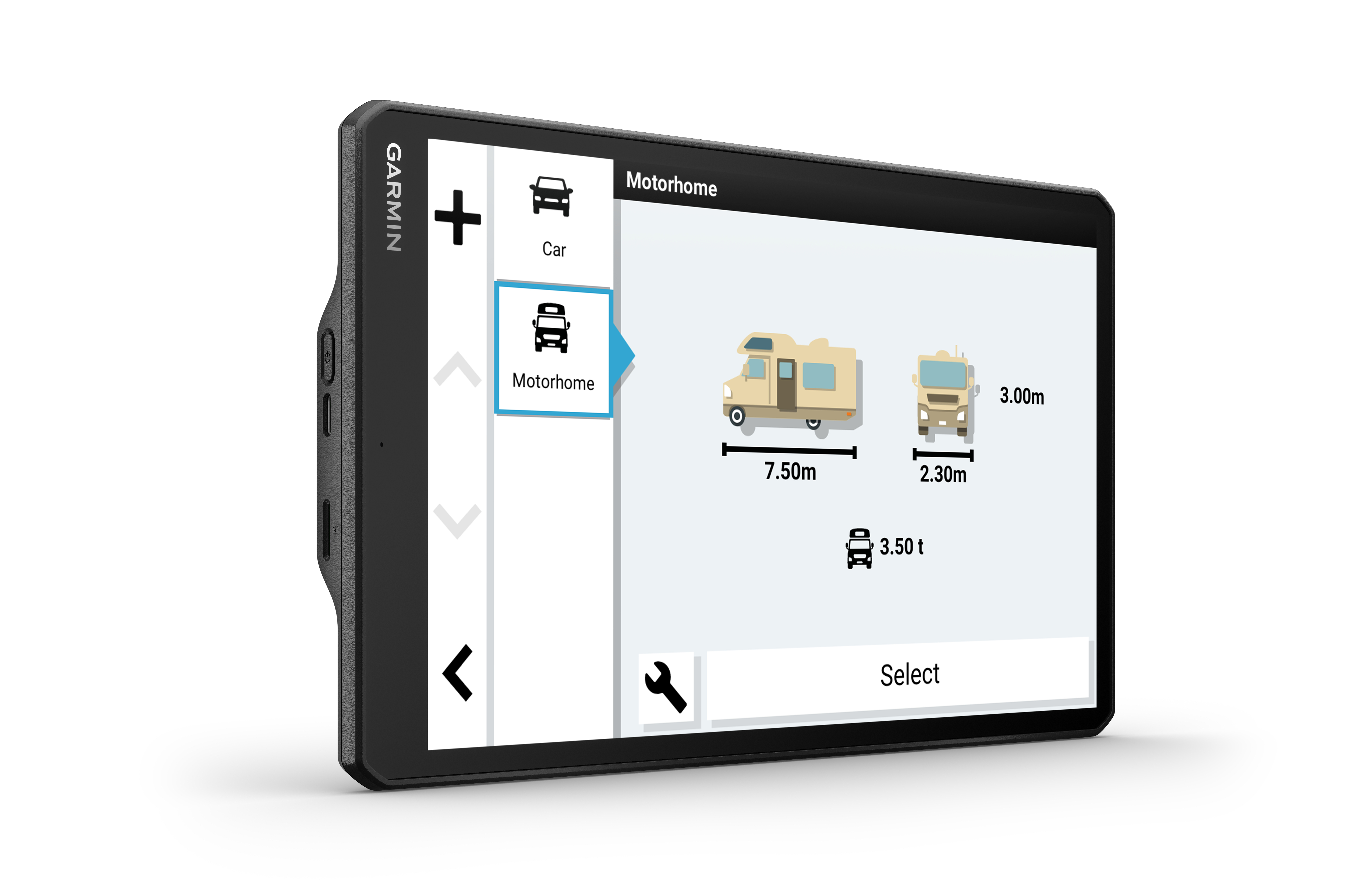 Garmin-Gerät mit Wohnmobil-Option. Zwei Fahrzeugillustrationen mit Abmessungen sind sichtbar.