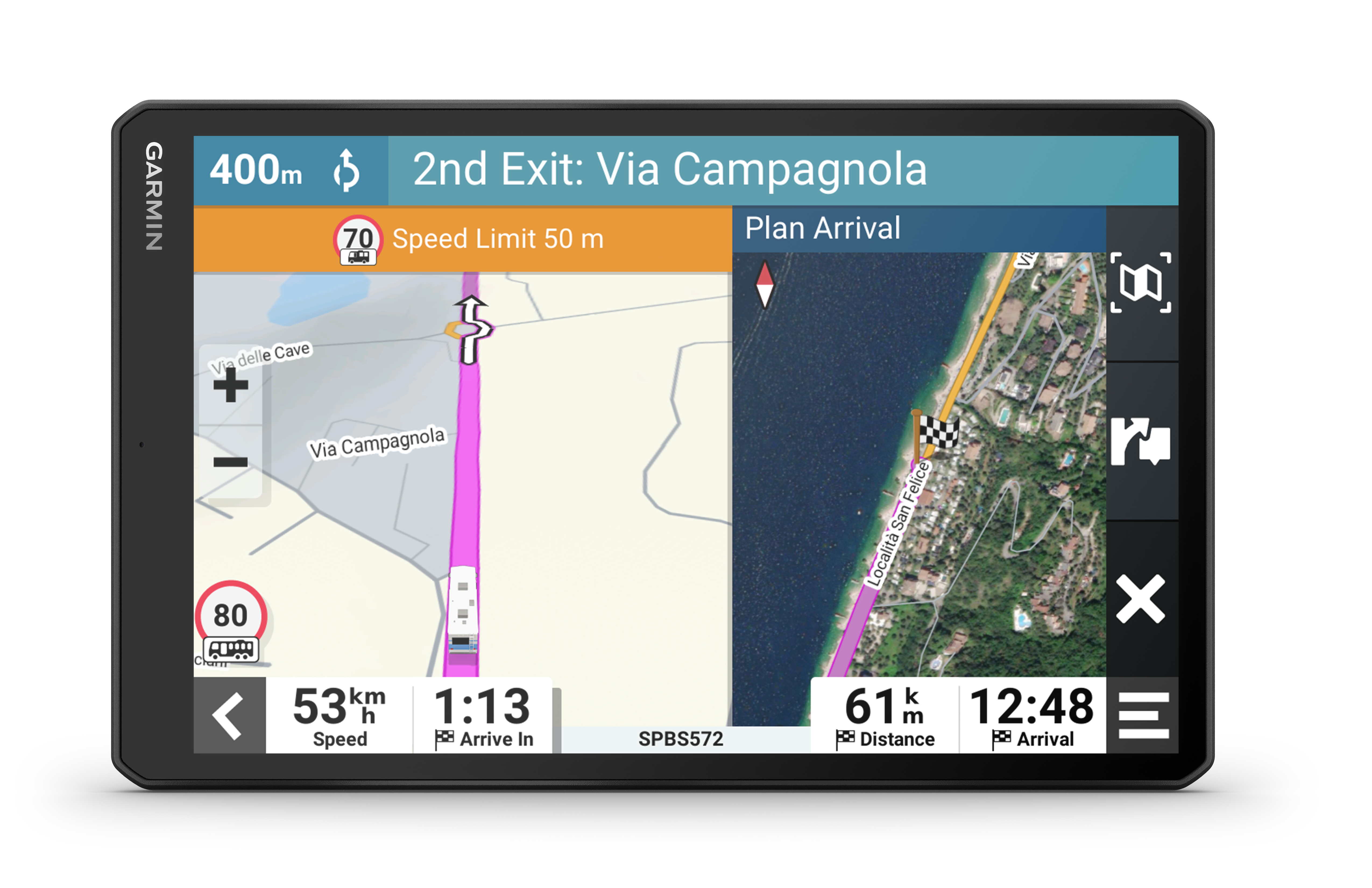 Garmin-Navigationsbildschirm zeigt Wegbeschreibungen mit Karte.