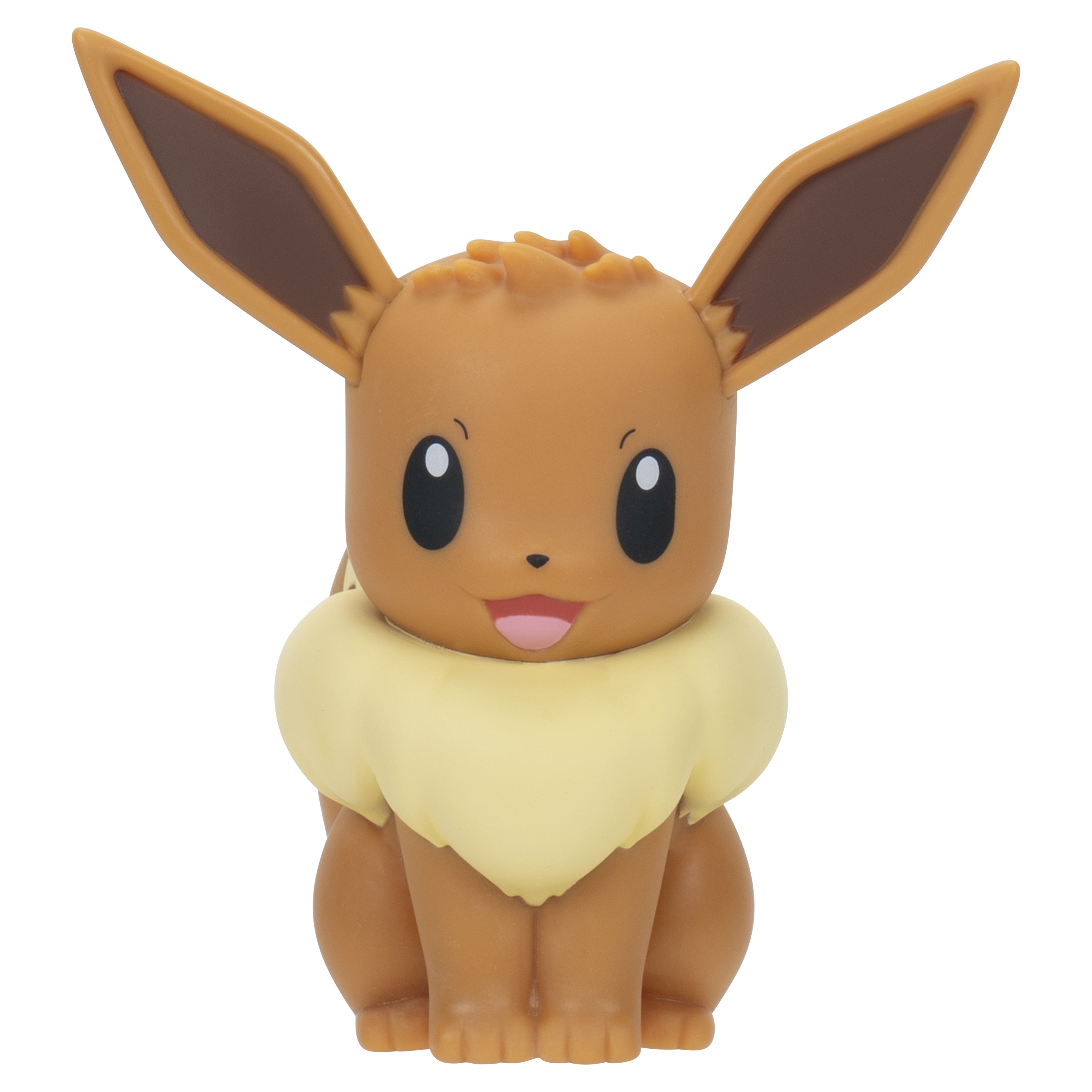 Eevee Pokémon Figur. Braune Ohren, orangefarbenes Fell, heller Fellkragen, sitzende Position, weißer HG.