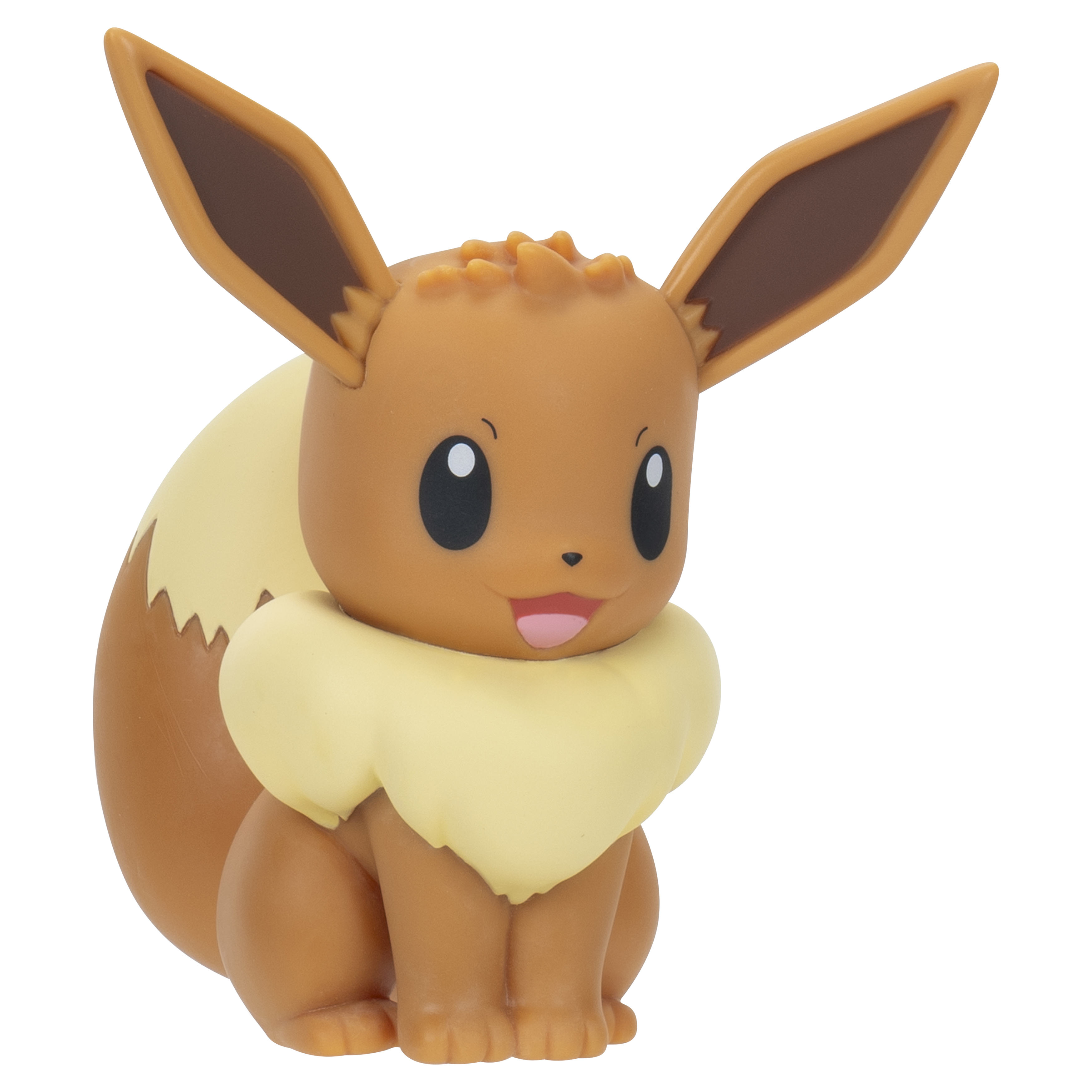 Eevee-Figur mit braunen Ohren, gelbem Kragen, sitzt auf weißem Untergrund.