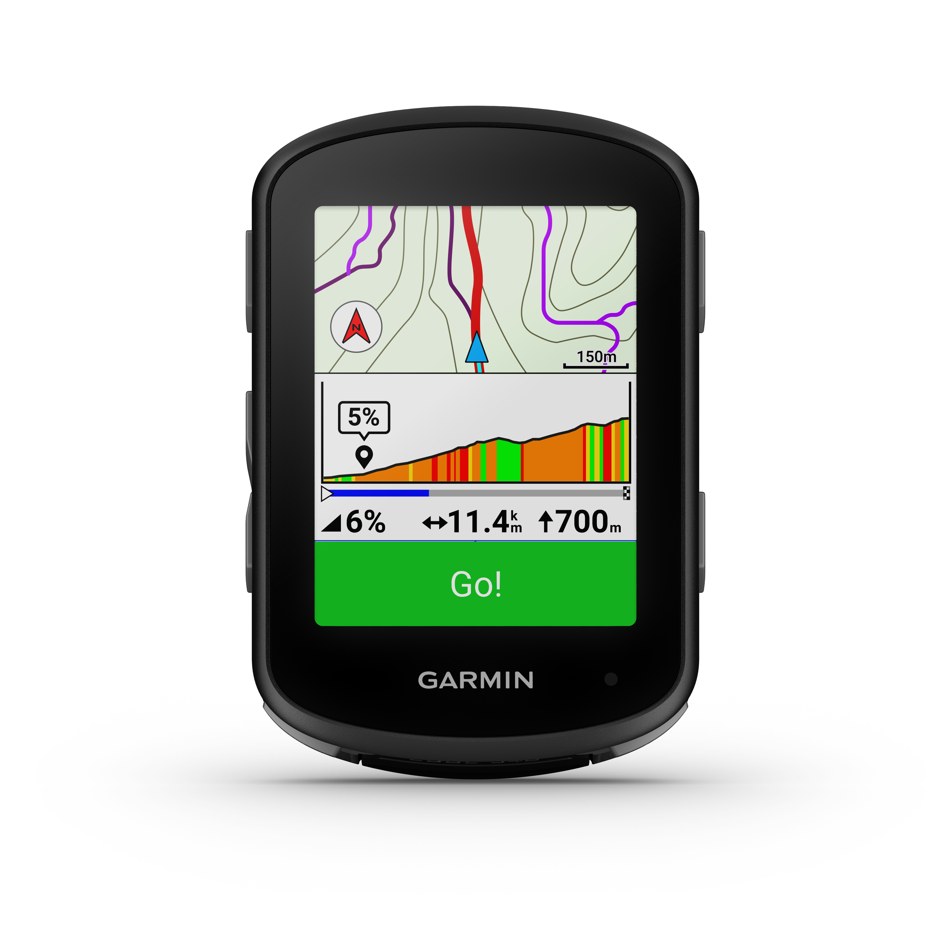 Fahrradcomputer-Bildschirm mit Karte, Statistiken und dem Wort 'Go!'