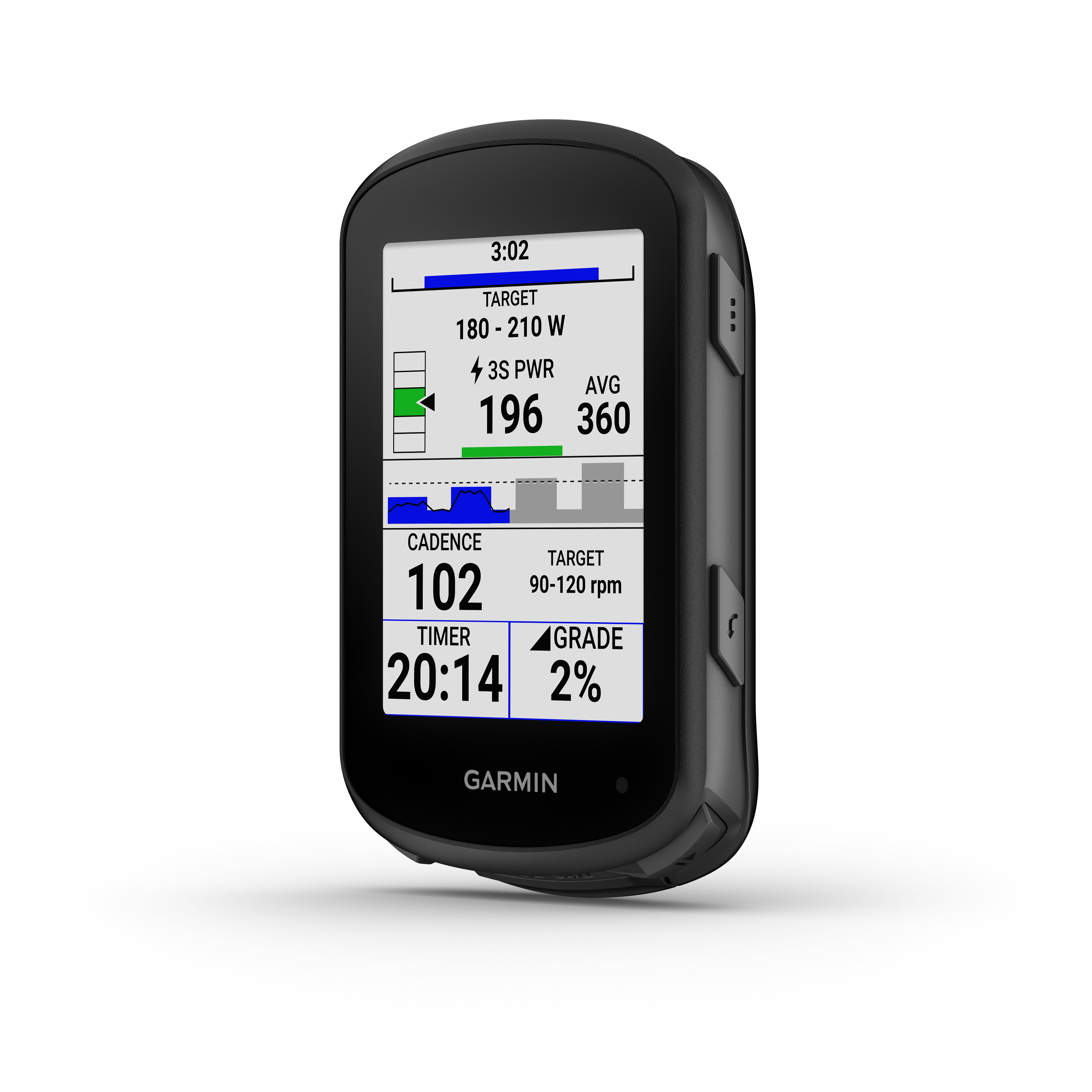 Schwarzer Garmin Fahrradcomputer mit Metriken: Leistung, Trittfrequenz, Geschwindigkeit, Zeit und Steigungsprozentsatz.