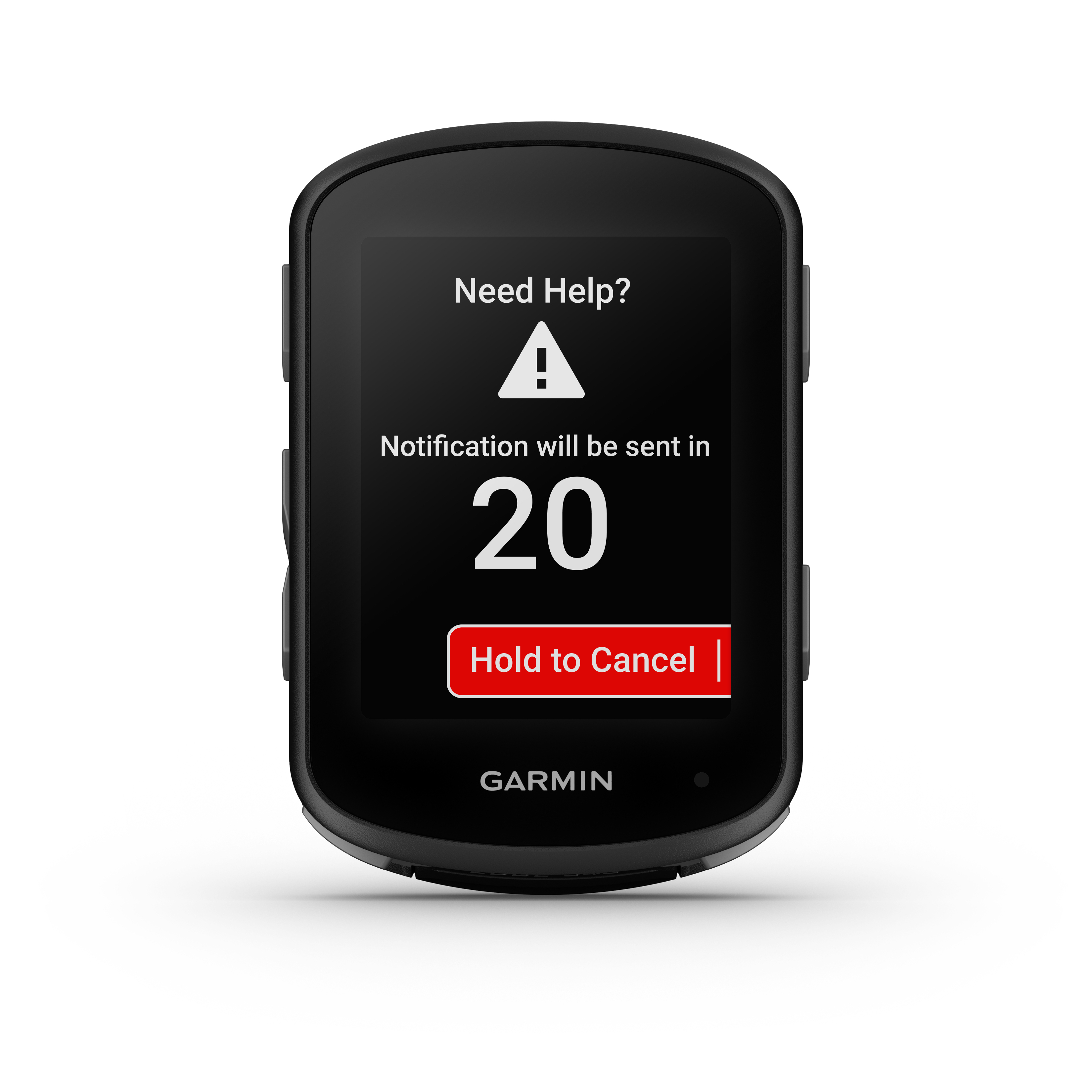 Schwarzes Garmin-Gerät mit Countdown. Text: Need Help? 20 Sekunden.