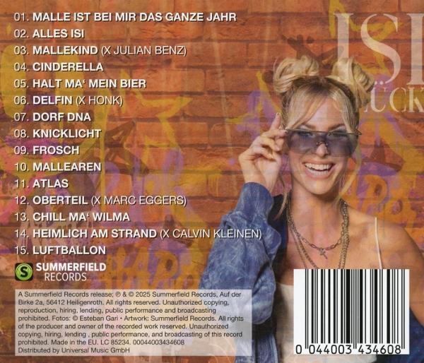 Albumcover mit einer lächelnden Frau, Sonnenbrille und Jeansjacke. Der Text listet Songtitel und Credits auf.