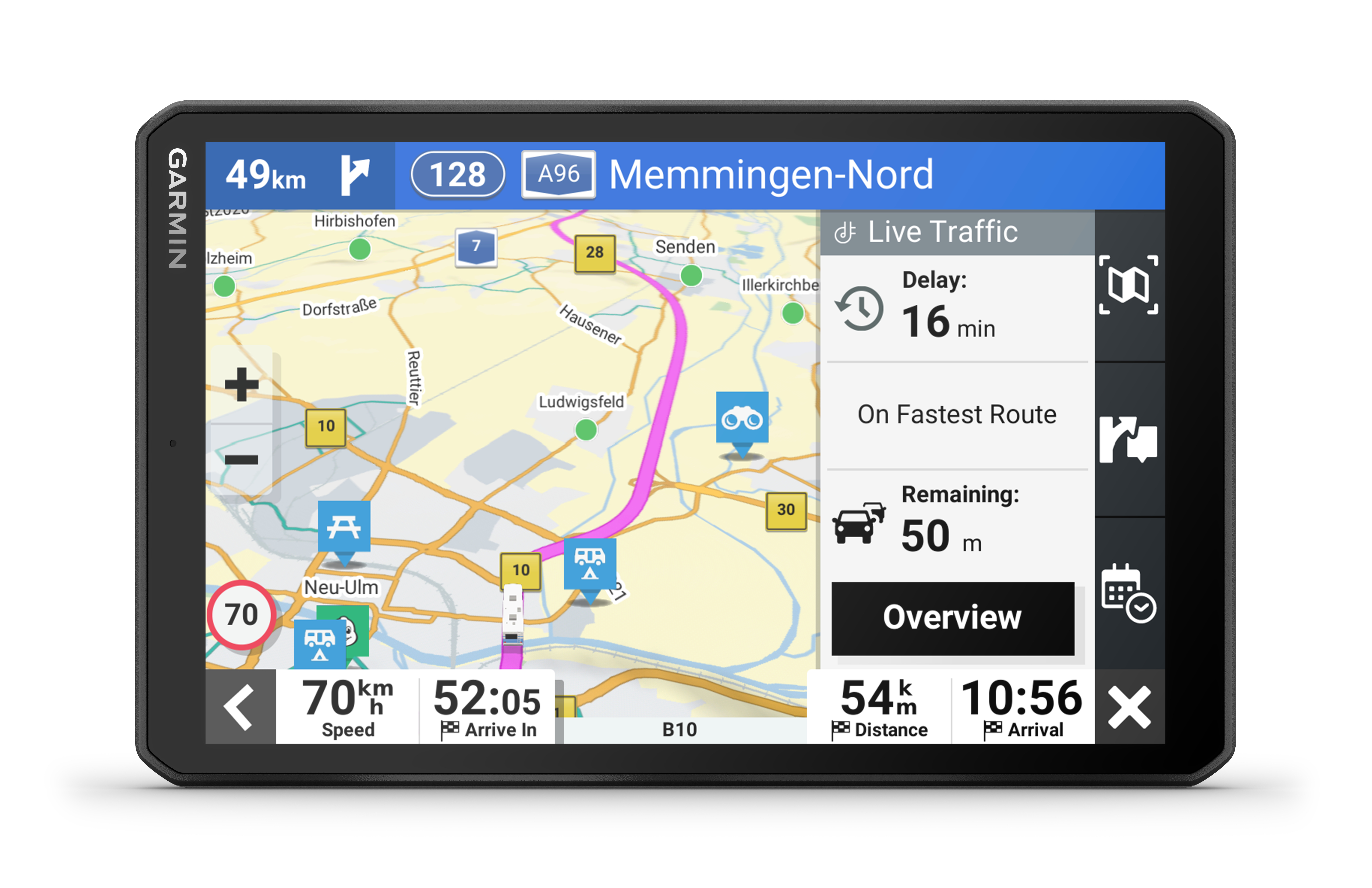 Ein Garmin GPS-Gerät, das eine Karte und Navigationsinformationen anzeigt.