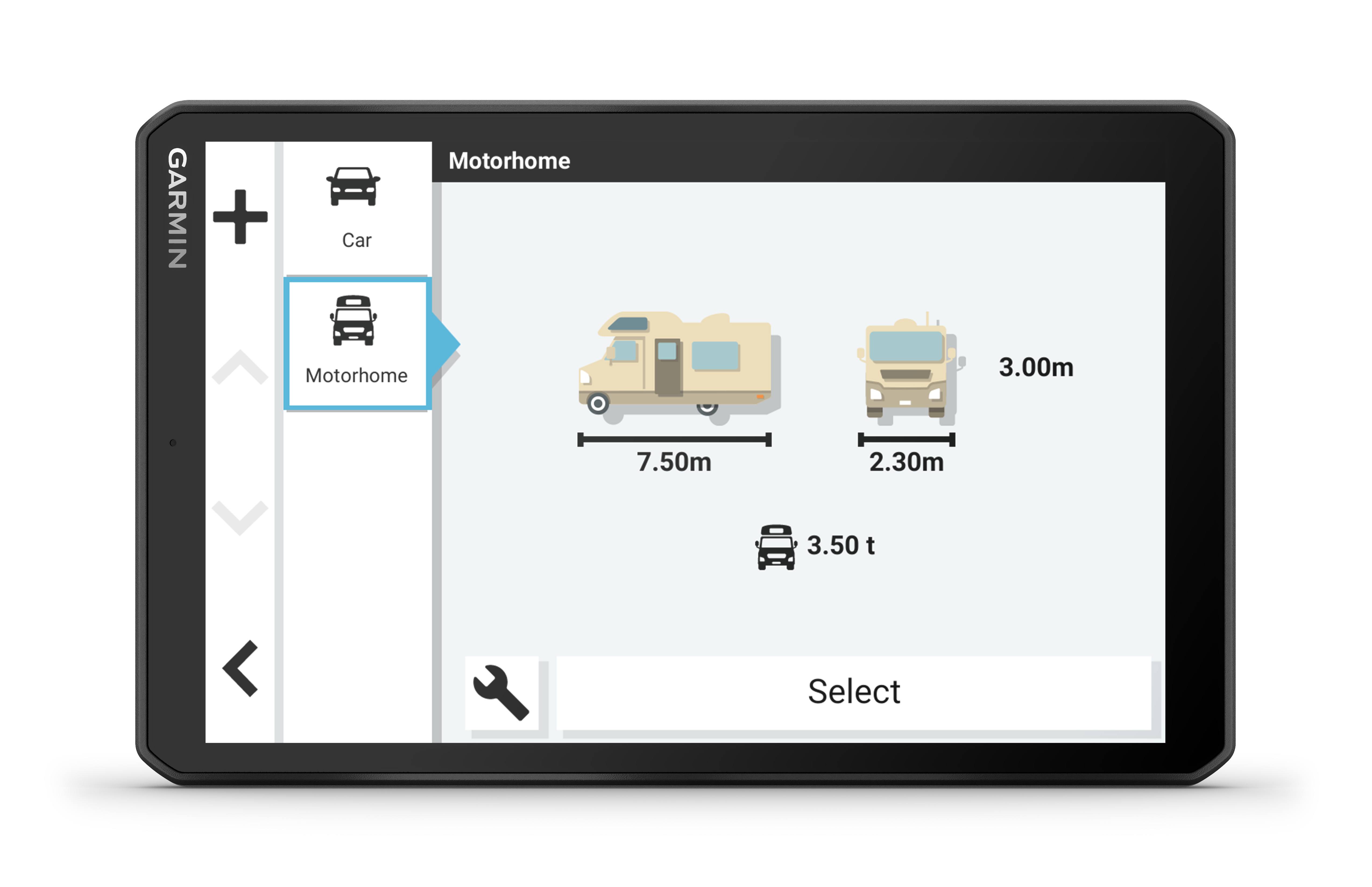 Garmin-Gerät zeigt Wohnmobil-Auswahl mit Maßen und Gewicht. Schaltfläche Auswählen ist sichtbar.