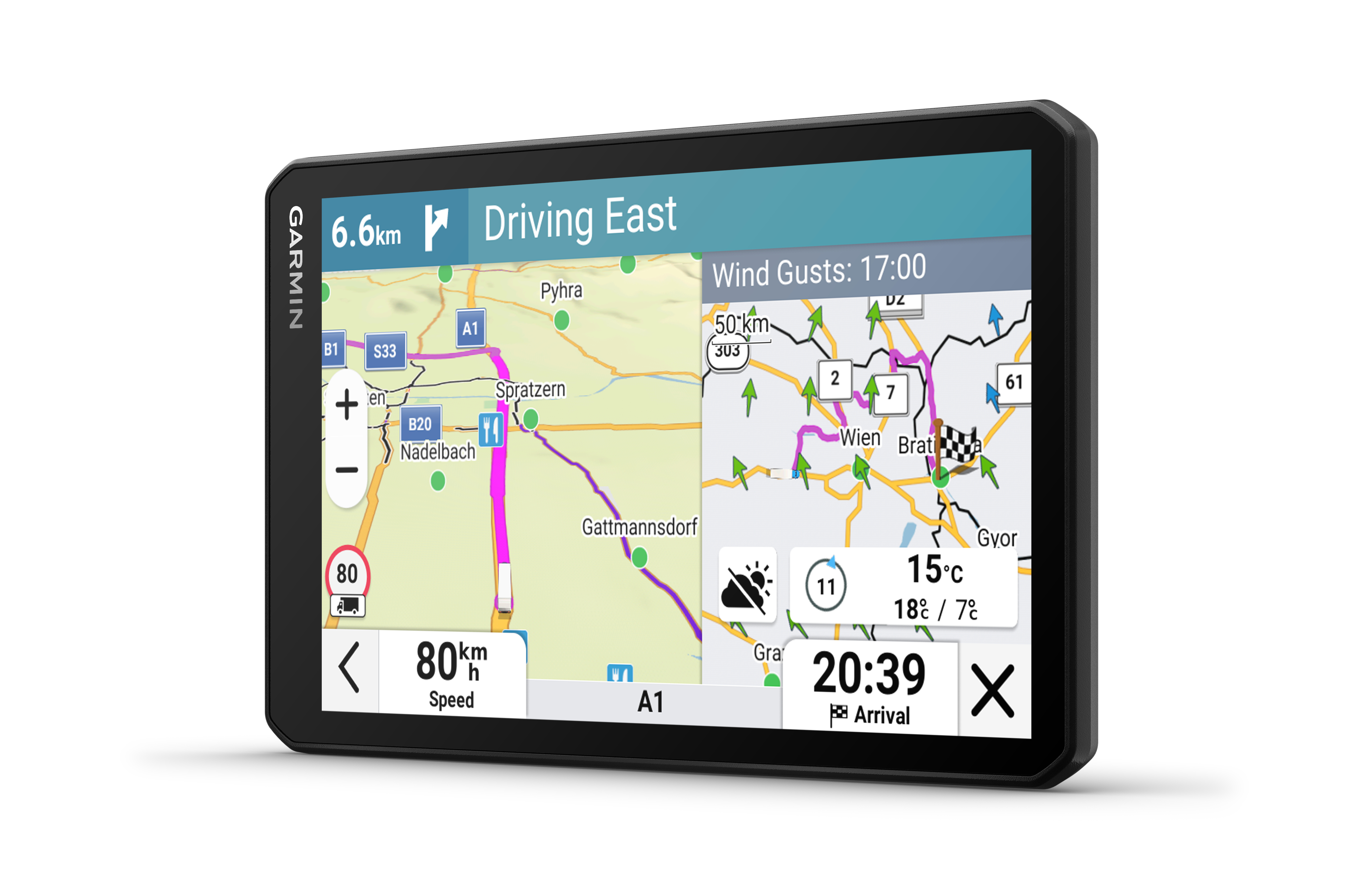 Garmin GPS-Gerät mit Karte und Wegbeschreibungen. Schwarzer Rahmen.