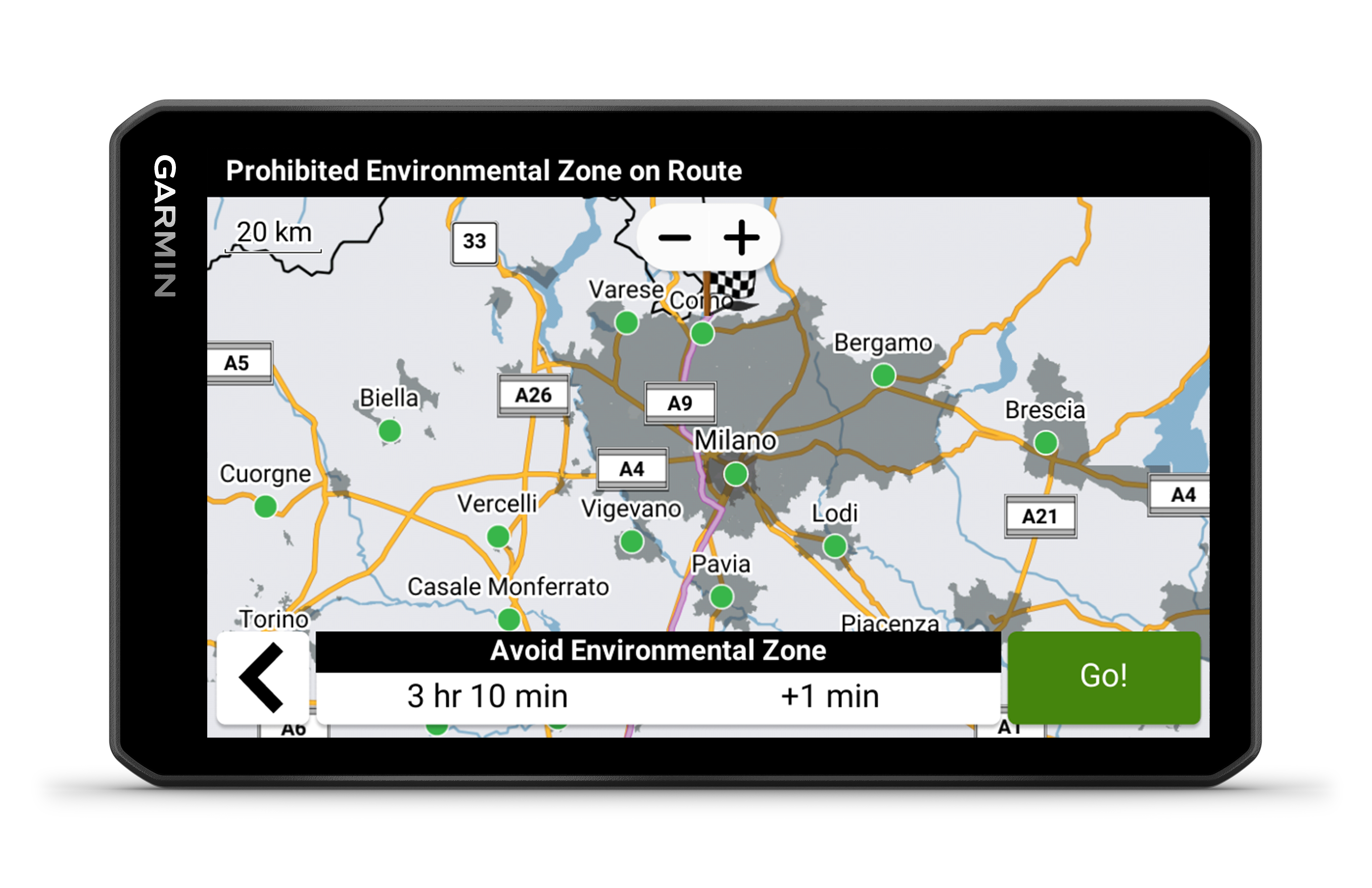 Garmin GPS-Bildschirm, zeigt eine Routenkarte, grüne Markierungen und eine Warnung vor einer Umweltzone.