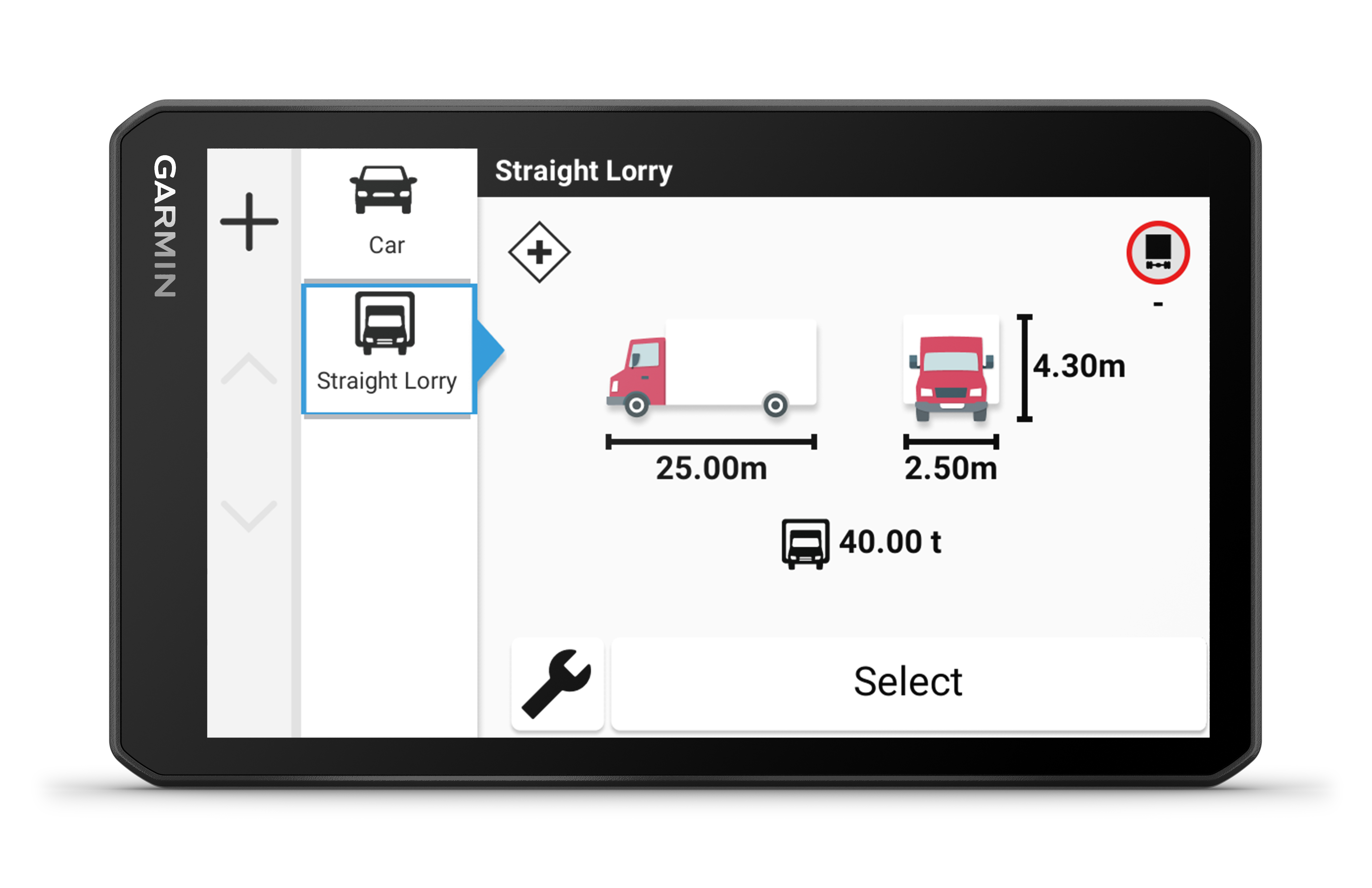 Garmin GPS zeigt Fahrzeugtypen: Pkw- und Sattelzug-Optionen. Abmessungen und Gewicht angezeigt.