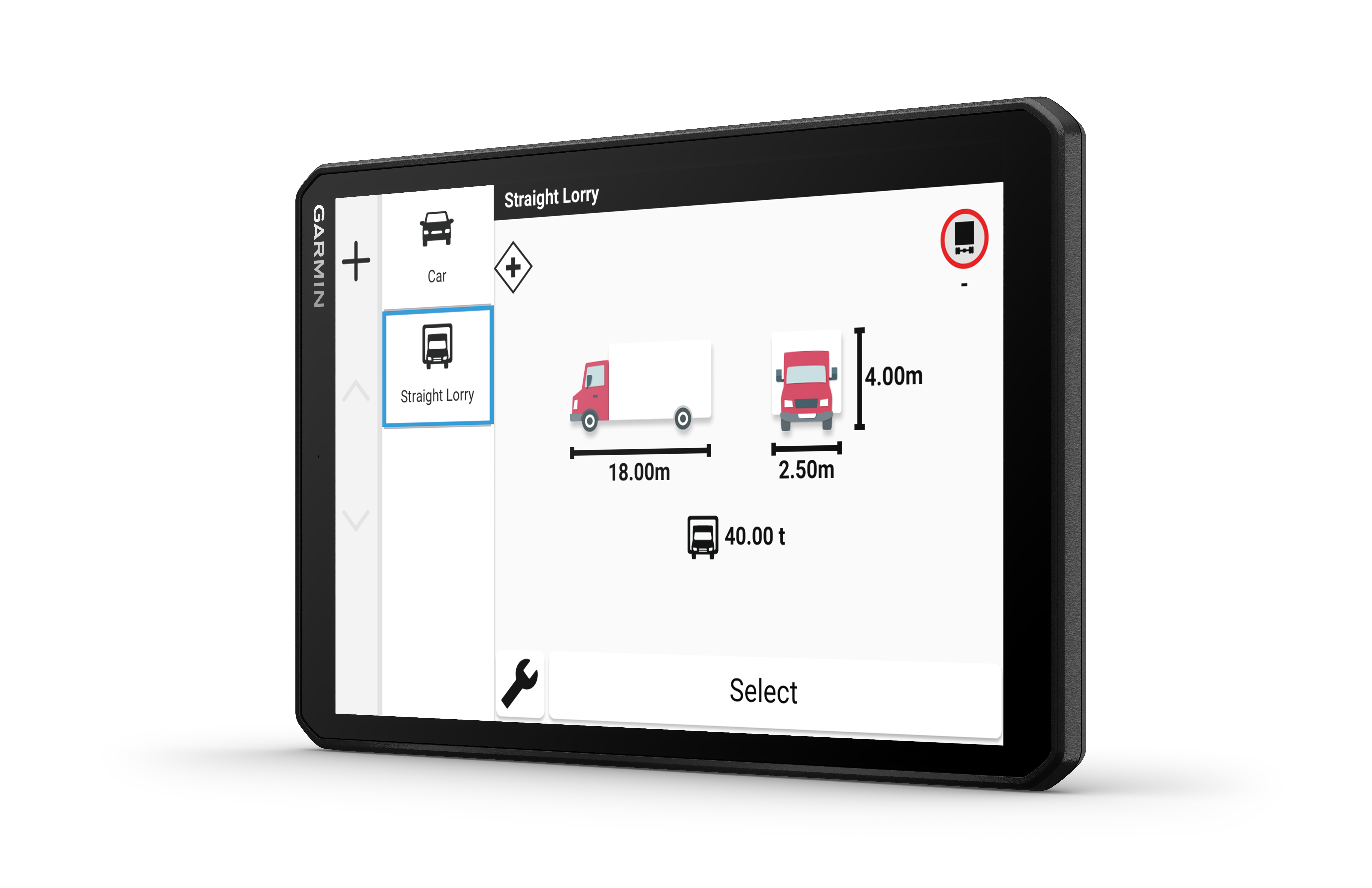 Garmin GPS zeigt Fahrzeugtypen: Pkw- und Sattelzug-Optionen. Abmessungen und Gewicht angezeigt.