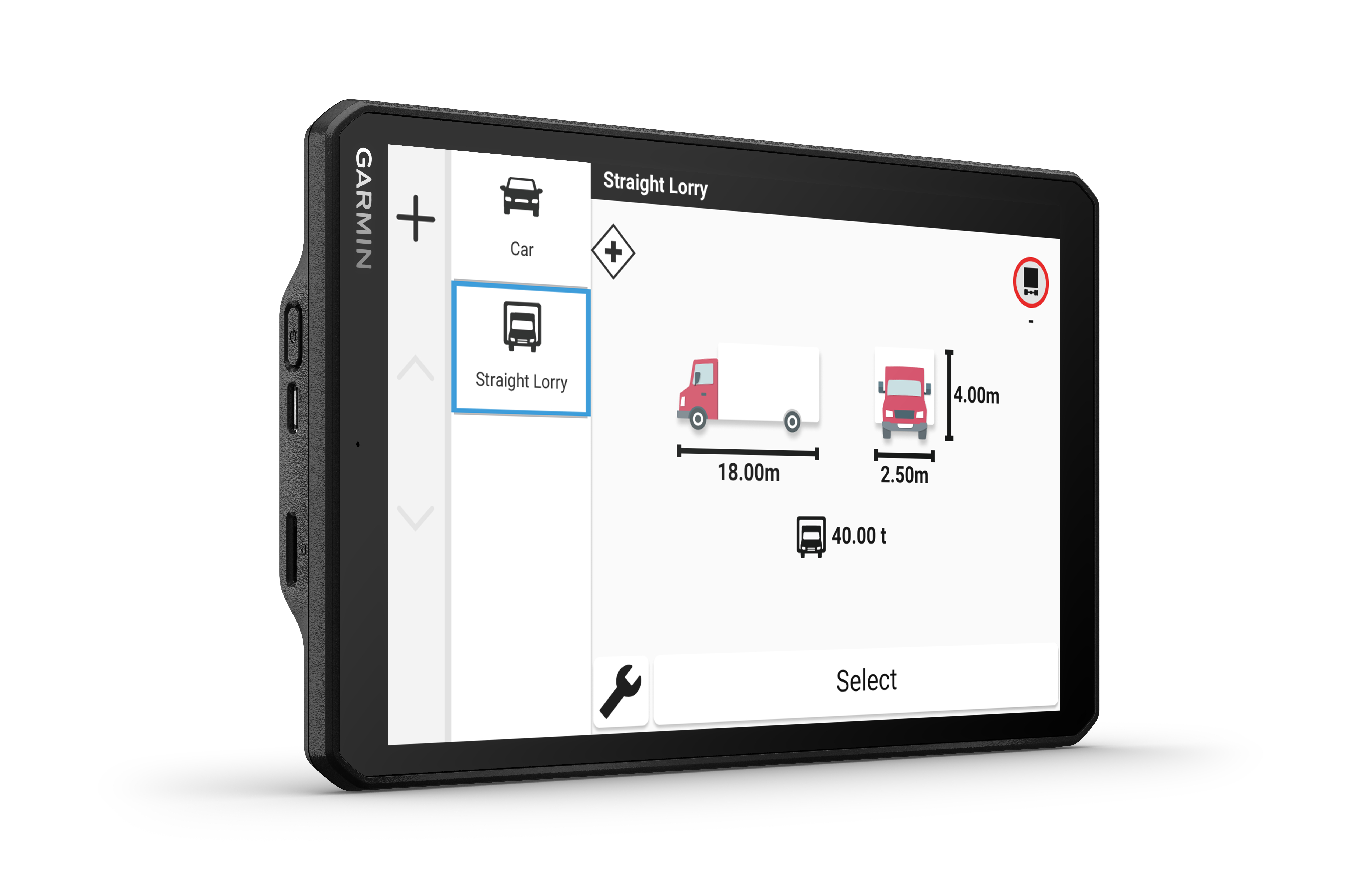 Ein Tablet mit einem Bildschirm, der das Navigationsmenü mit Optionen für verschiedene Arten von Lastwagen zeigt.