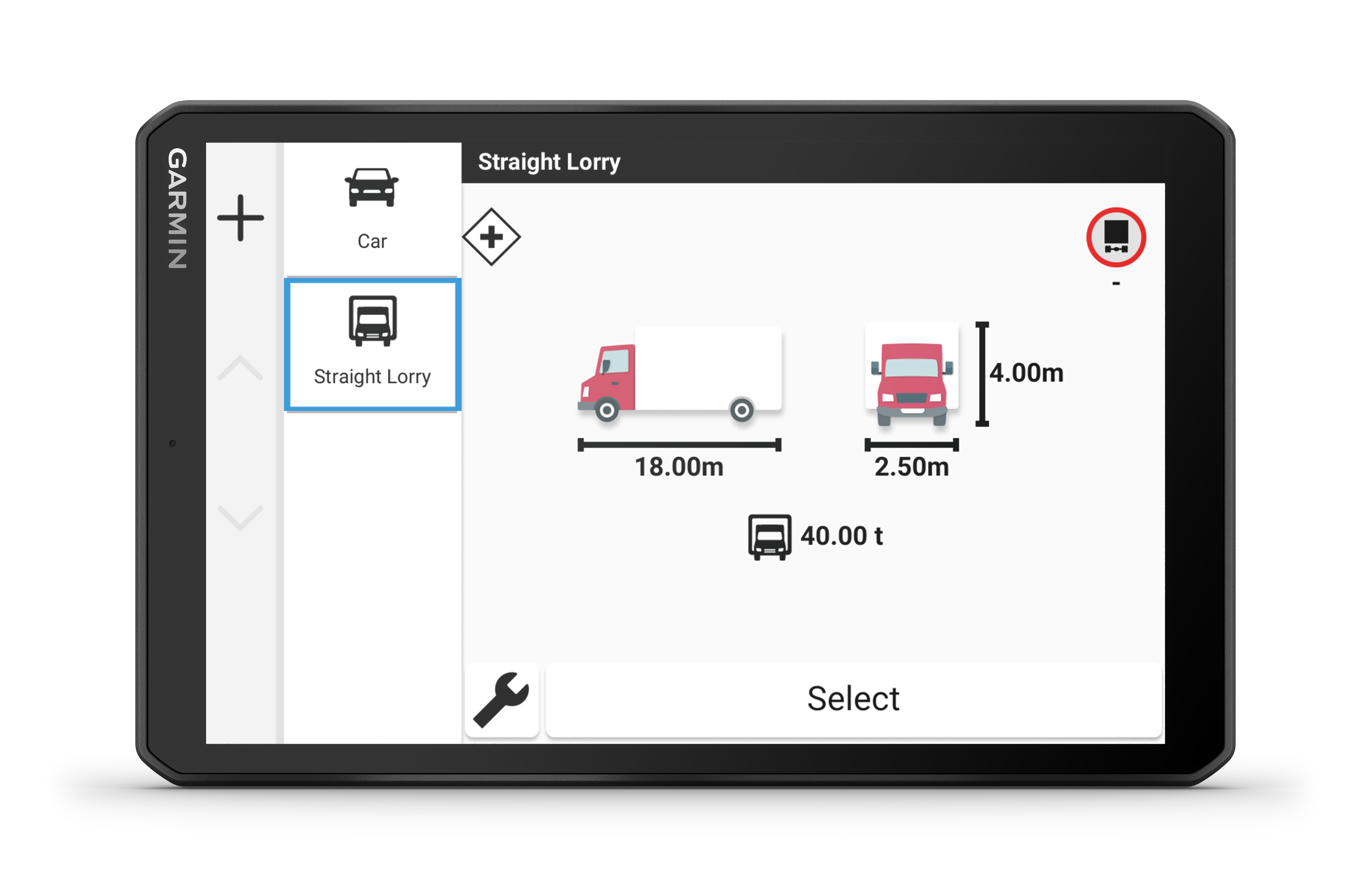 Garmin-Navigationsgerät zeigt eine Gerade-LKW-Route mit Abmessungen und Gewichtsangaben.