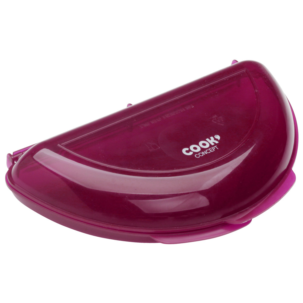 Contenedor de comida morado, semicircular, logo Cook Concept blanco.